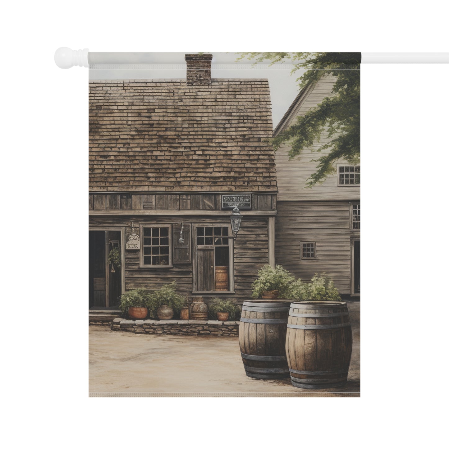 Barrels by an Old Village Garden & House Banner
