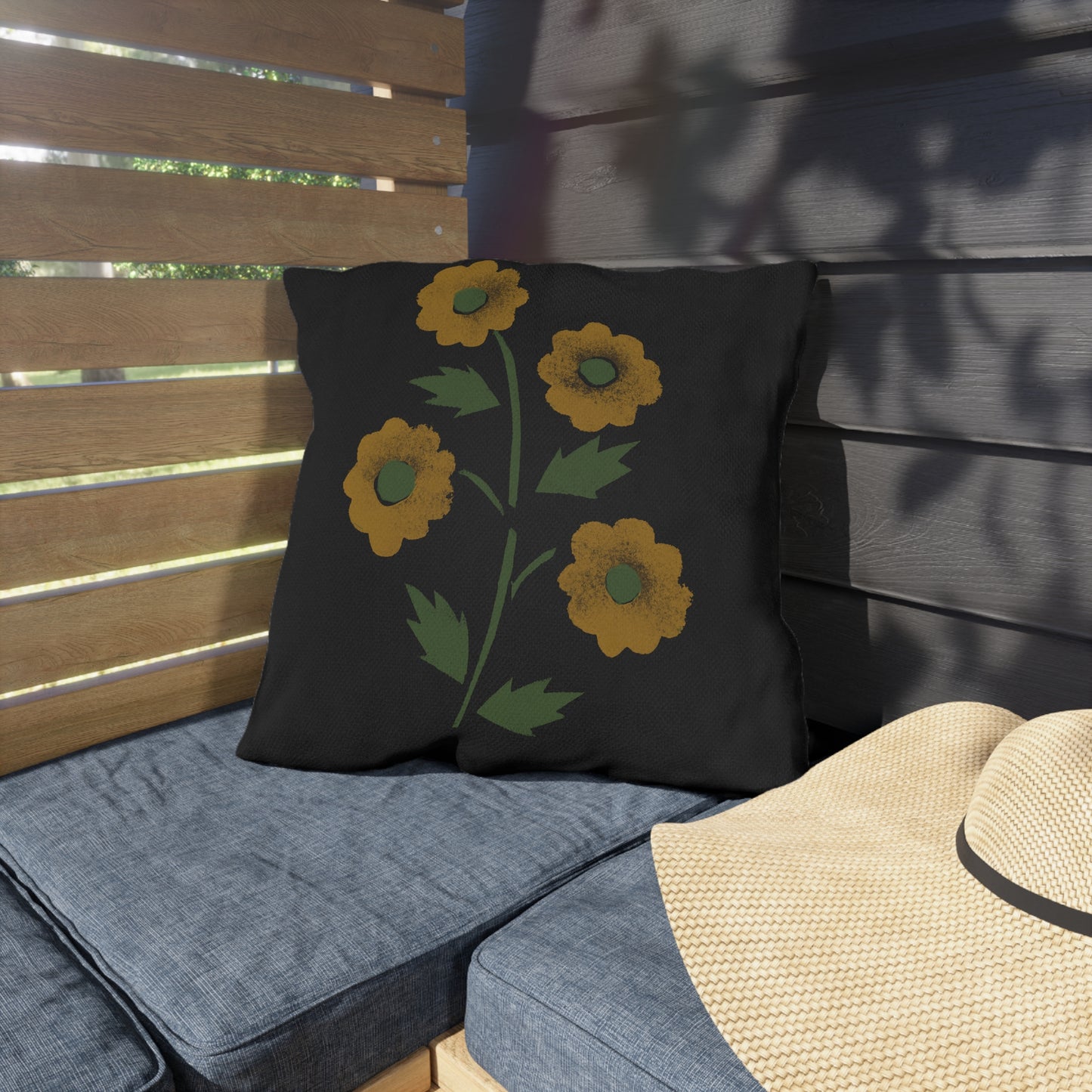 Stencil Flowers on Black Outdoor Pillows