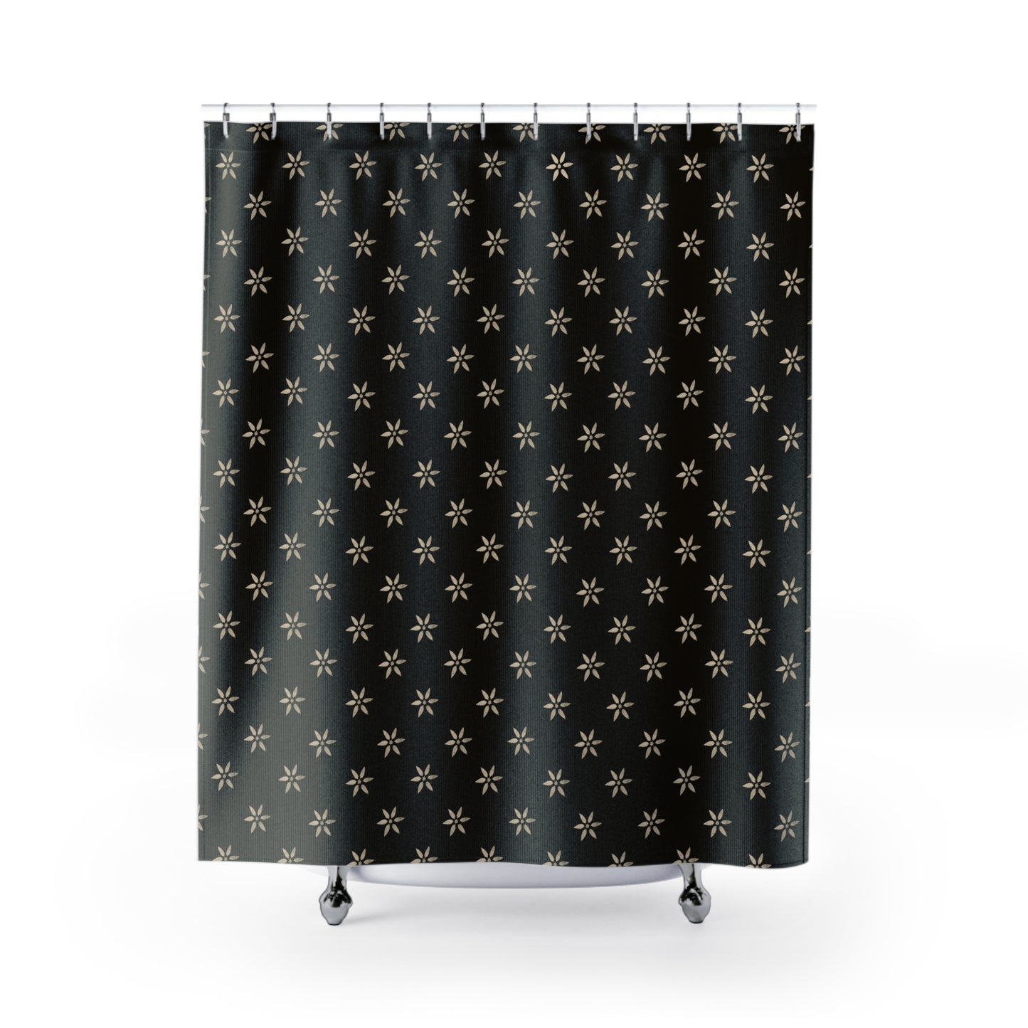 Cream on Black Elegant Early American Stencil Floral Shower Curtain - Chic Bathroom Decor