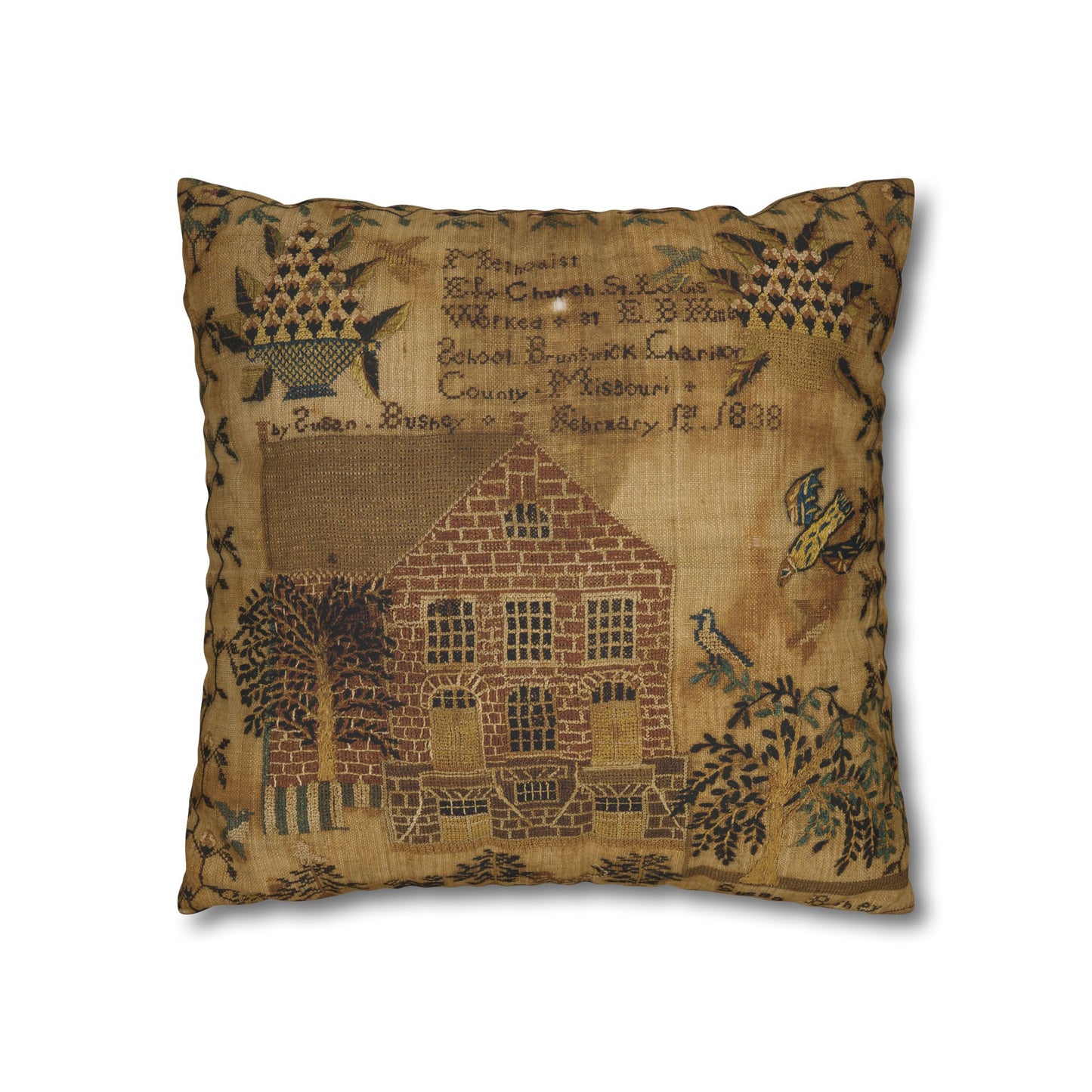 Vintage-Inspired Square Poly Canvas Pillowcase - Rustic Home Decor with Historic Schoolhouse Design