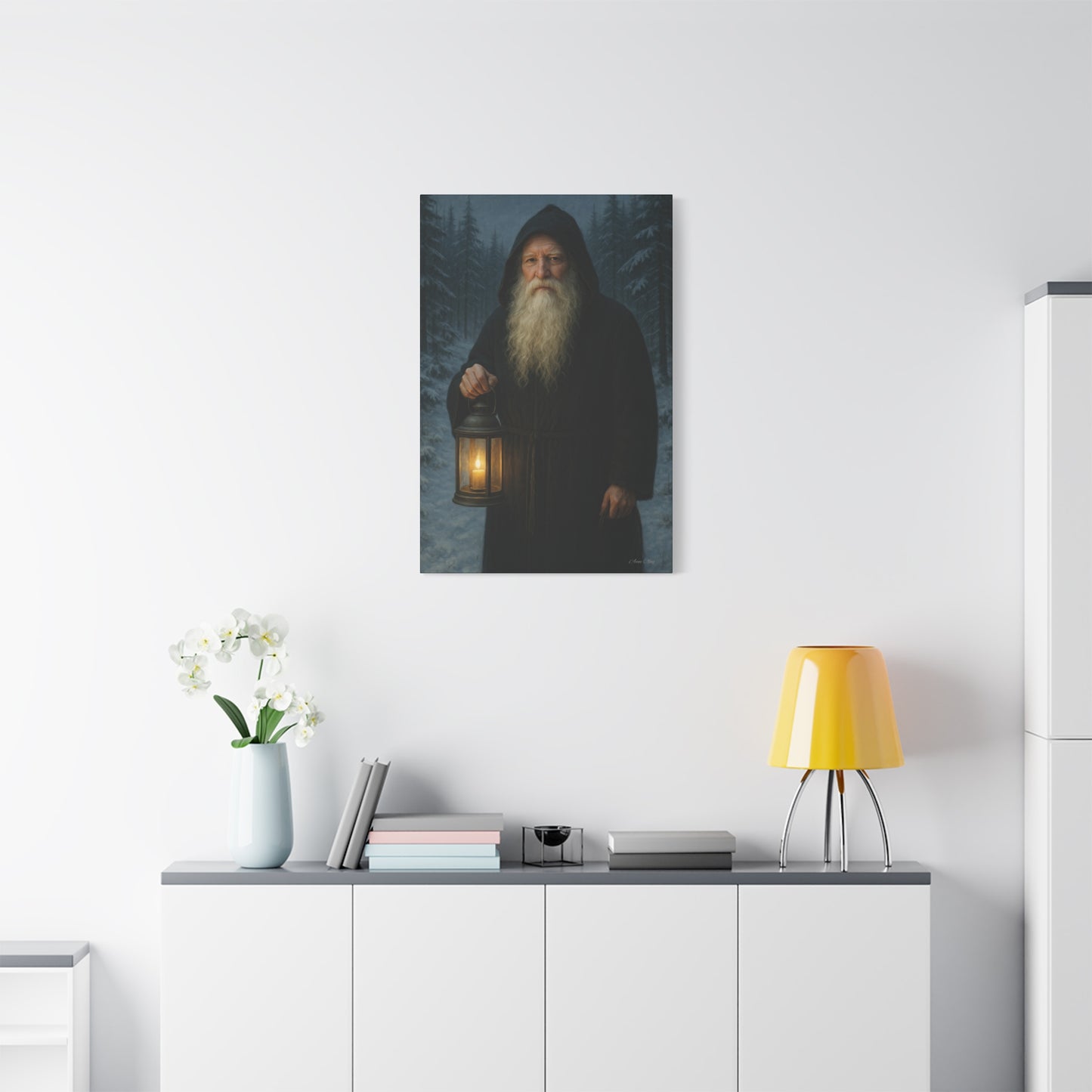Old World Santa with Lantern Canvas Print, Wall Art, Home Decor, Cabin Vibes, Gift for Him, Rustic Wall Decor, Nature Lover's Gift