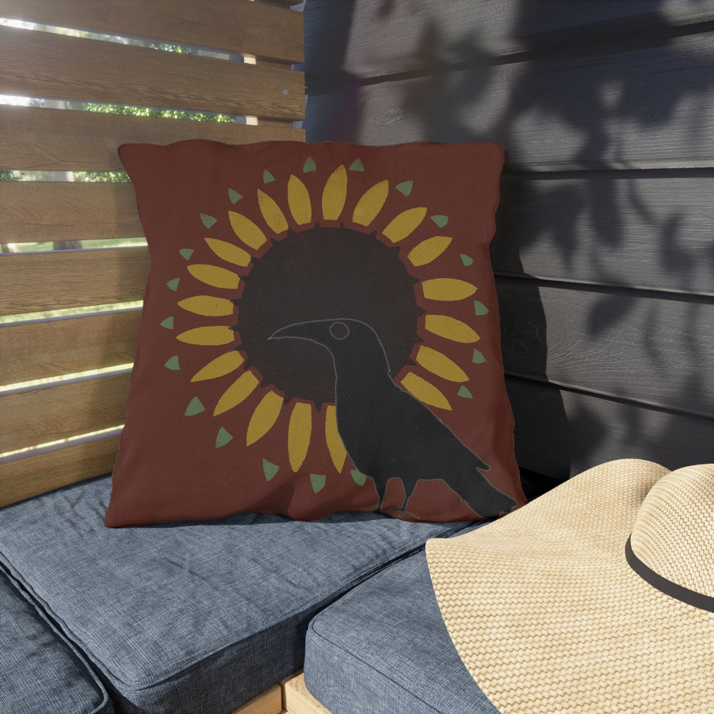 Crow on Sunflower Stencil on Red Outdoor Pillows