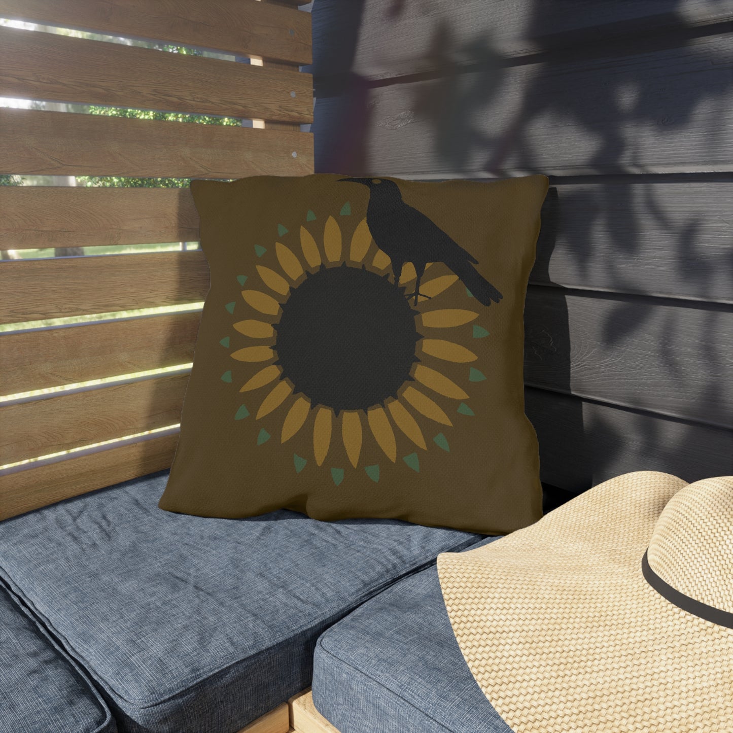 Sunfloer and Crow on Deep Putty Outdoor Pillows