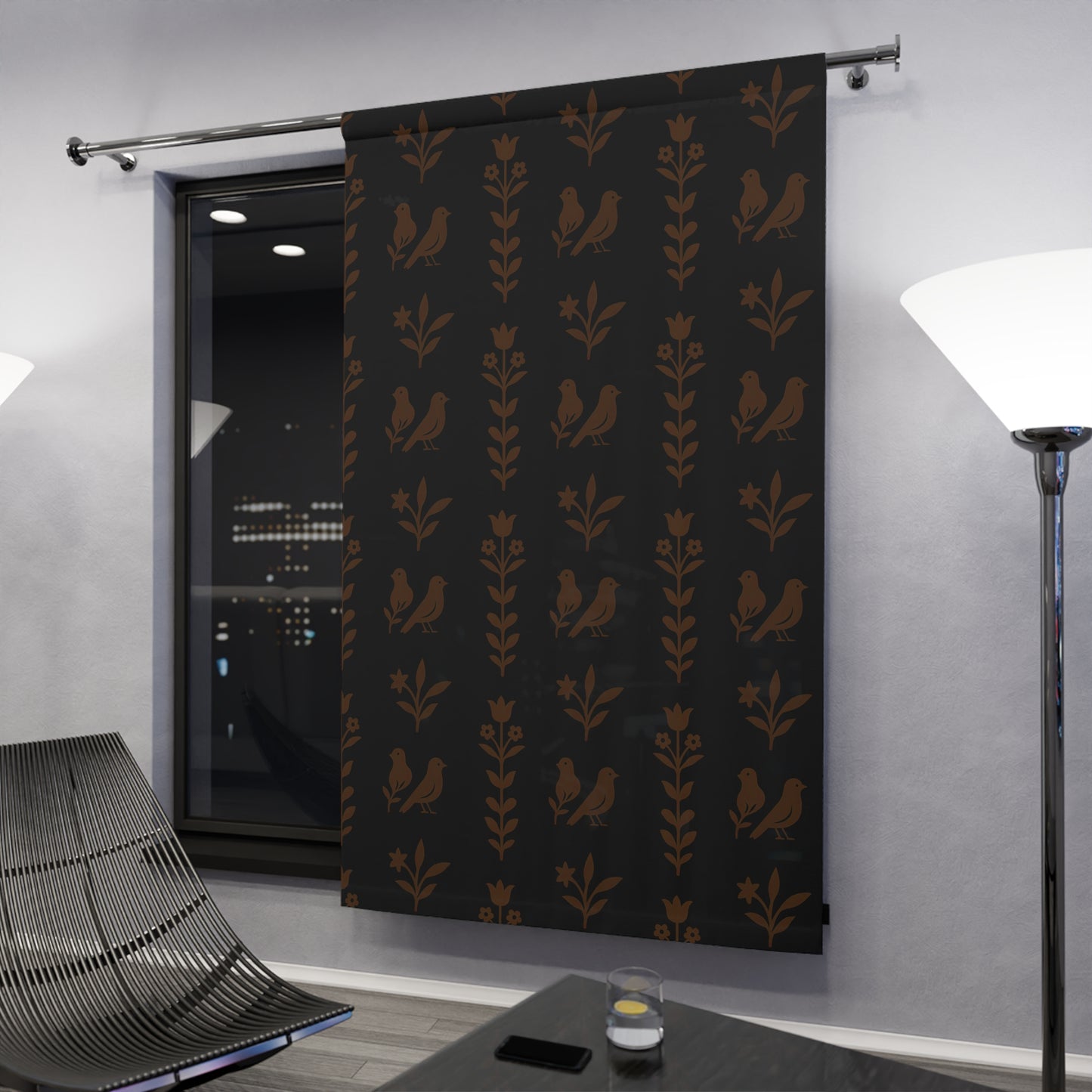 Cozy Bohemian Window Curtain, Decorative Drapes for Living Room, Bird and Floral Design, Home Decor, Dark Brown, Gift Idea