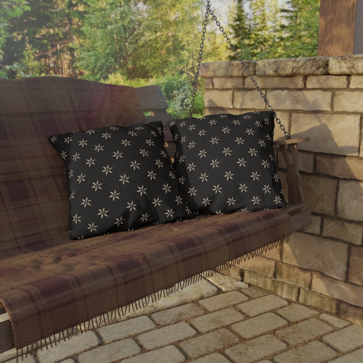 Elegant Cream on Black Stencil Floral Outdoor Pillows for Patio Decor