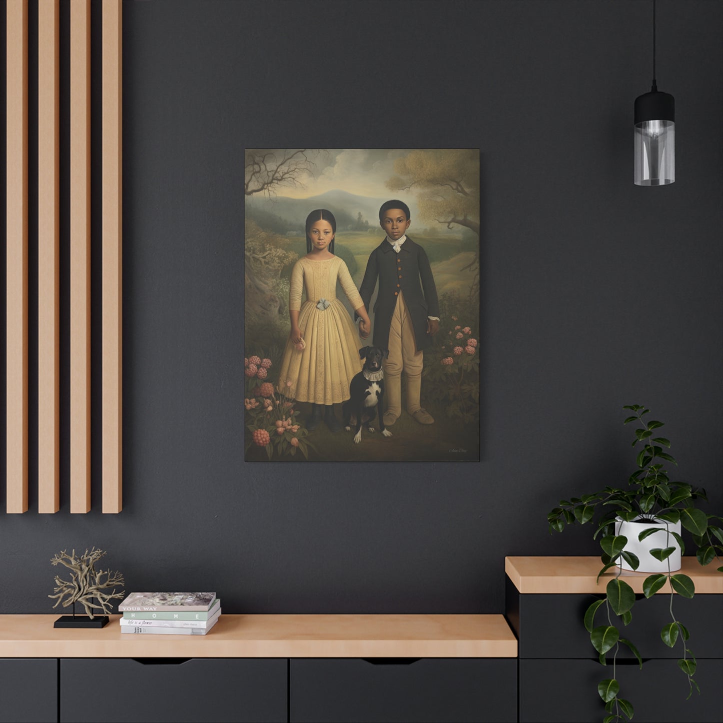 The Twins: Artistic Stretched Canvas Print - Vintage Children and Dog Portrait