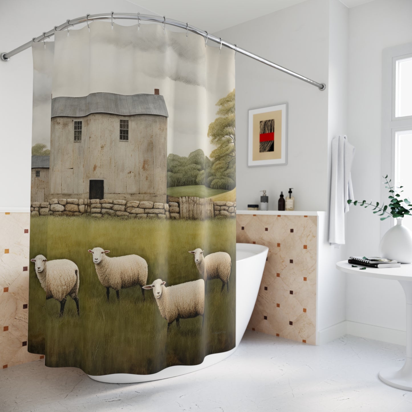 Rustic Farmhouse Shower Curtain with Sheep Design - Cozy Home Decor