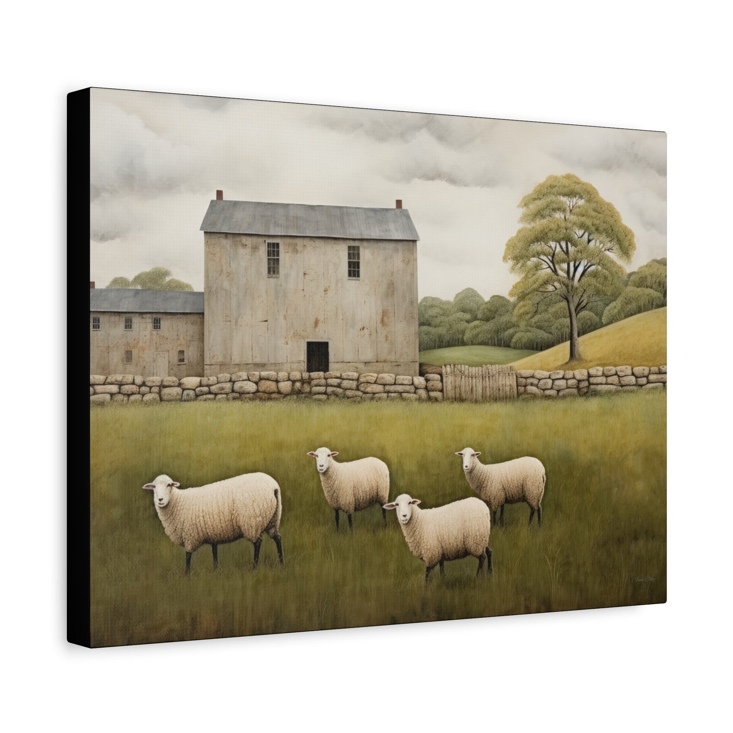 Rustic Farmhouse Canvas Wall Art with Sheep Landscape