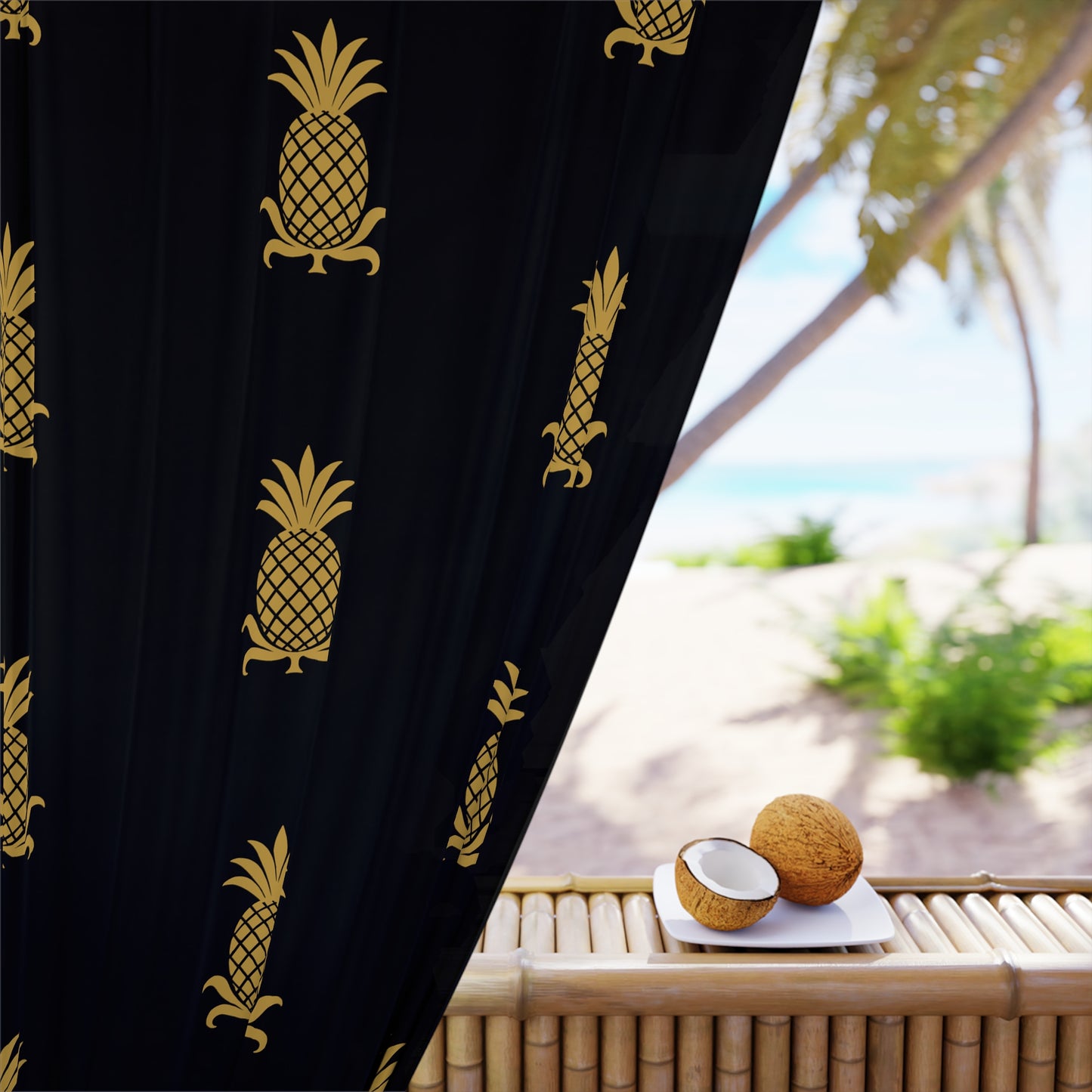 Tropical Pineapple Window Curtains, Black and Gold Home Decor, Tropical Vibe, Modern Curtain, Summer Accent Decor, Pineapple Pattern