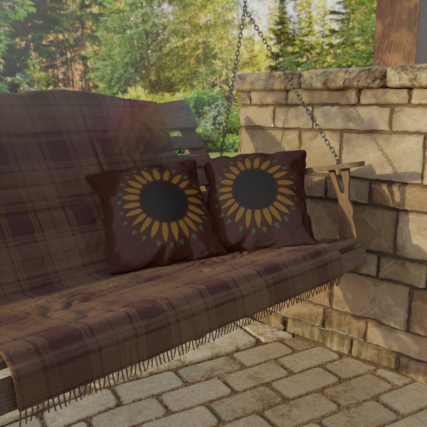 Sunflower on Country Red Stencil Early American Outdoor Pillows