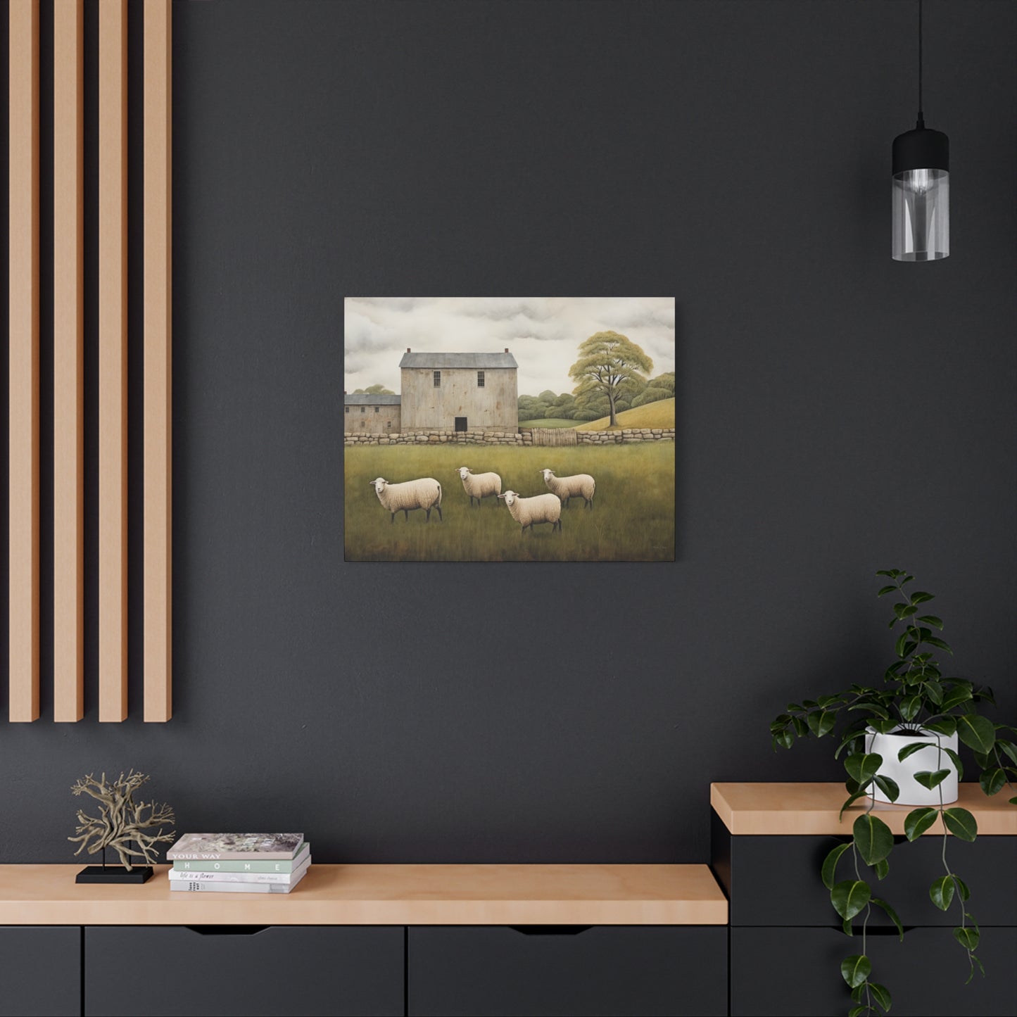 Rustic Farmhouse Canvas Wall Art with Sheep Landscape