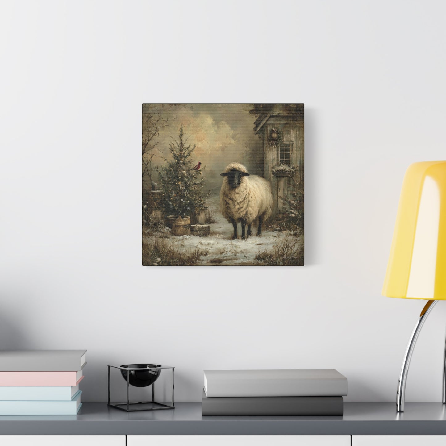 Cozy Farmhouse Canvas Print, Rustic Home Decor, Christmas Wall Art, Sheep Artwork, Winter Landscape Decor, Gift for Animal Lovers