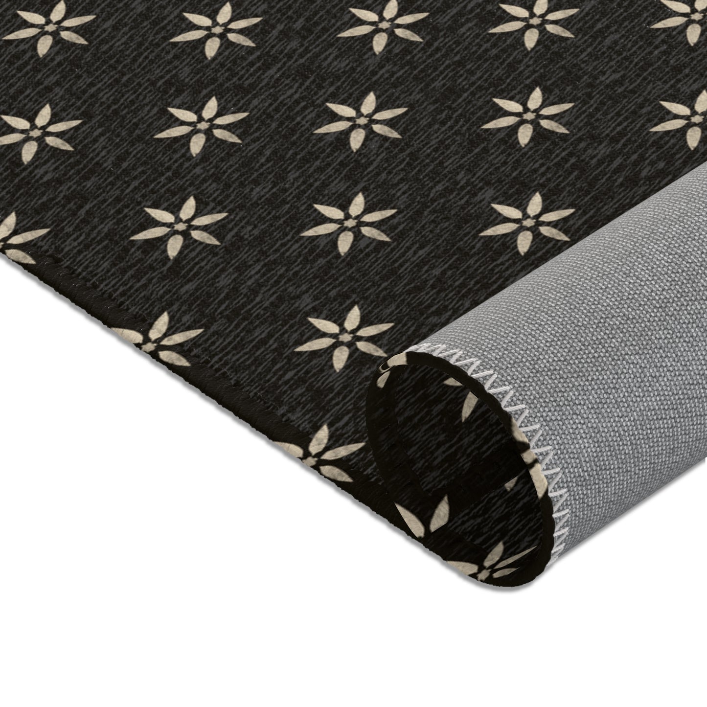 Cream Petal Stencil on Black Stylish Floral Area Rug, Boho Home Decor, Modern Living Room Accent, Vintage Area Mat,