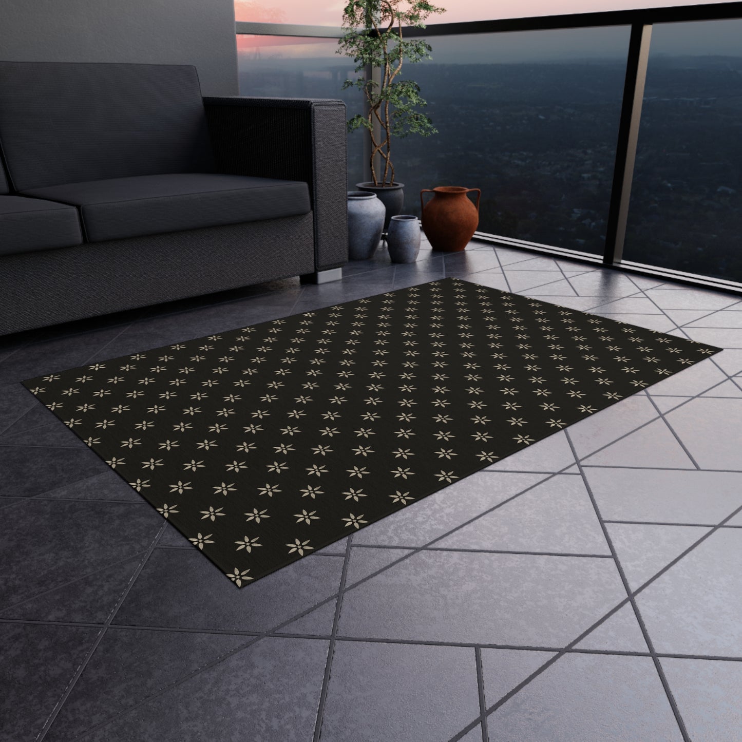 Cream Stencil Flowers on Black Outdoor Rug