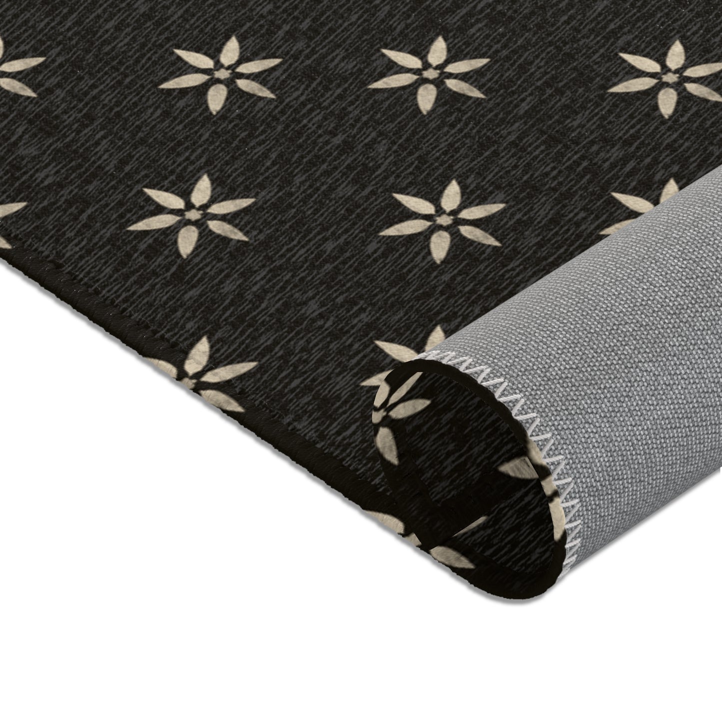 Cream Petal Stencil on Black Stylish Floral Area Rug, Boho Home Decor, Modern Living Room Accent, Vintage Area Mat,