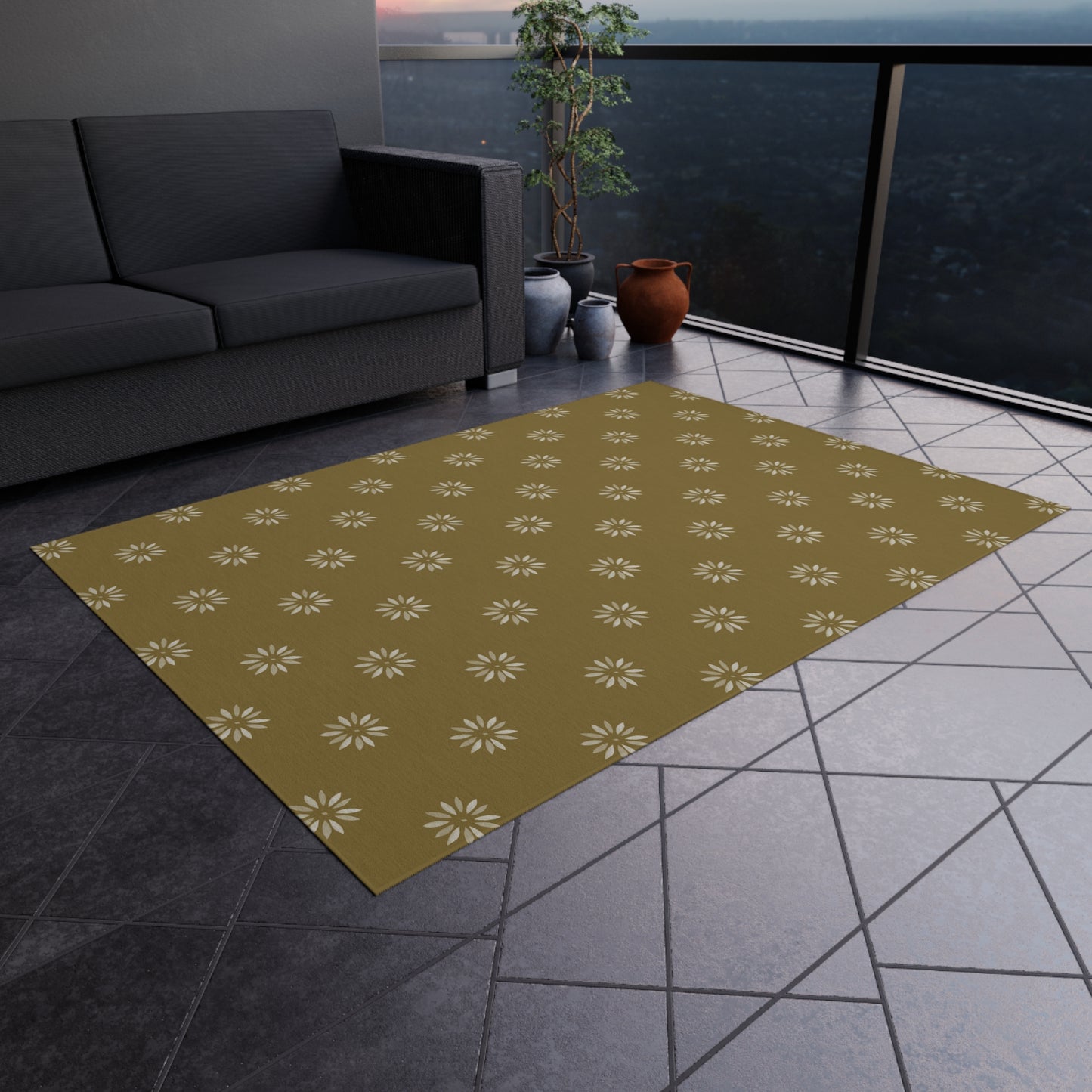 Cream Daisy on light green/gold Outdoor Rug