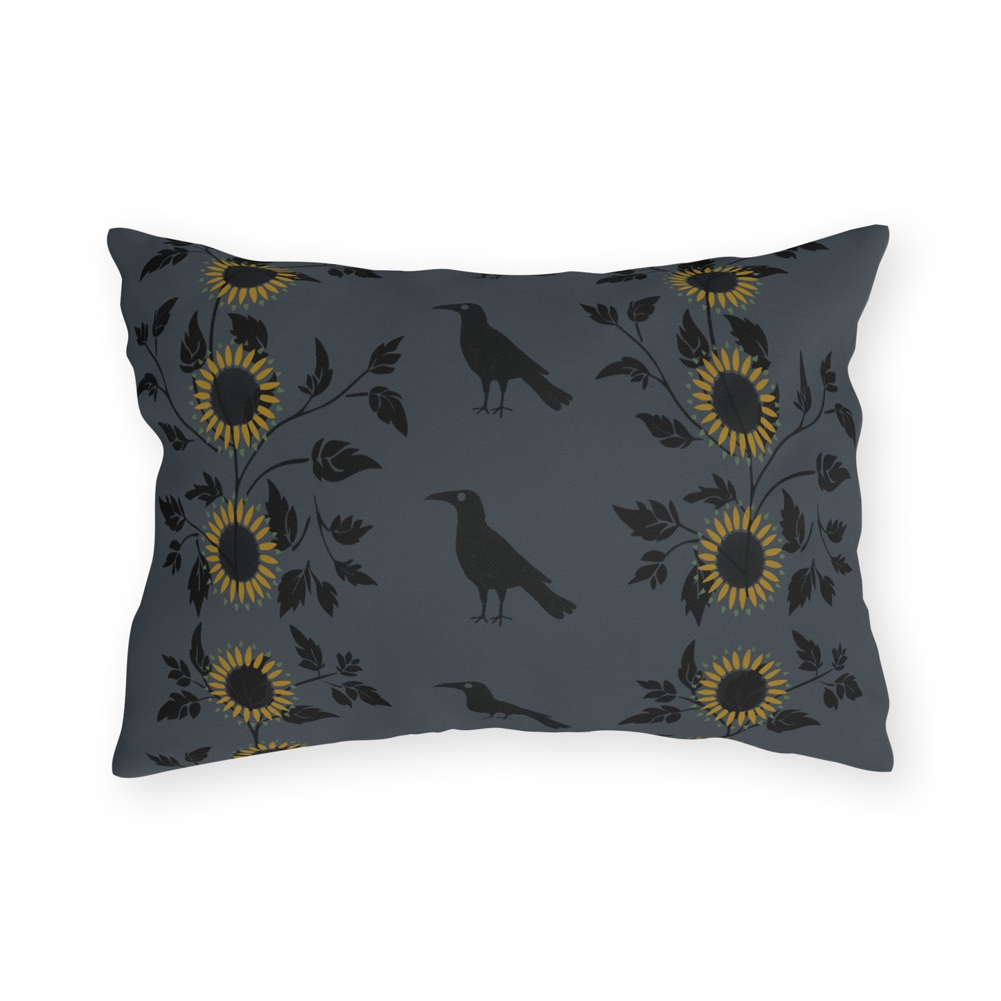 Sunflowers and Crows on Blue Outdoor Pillows