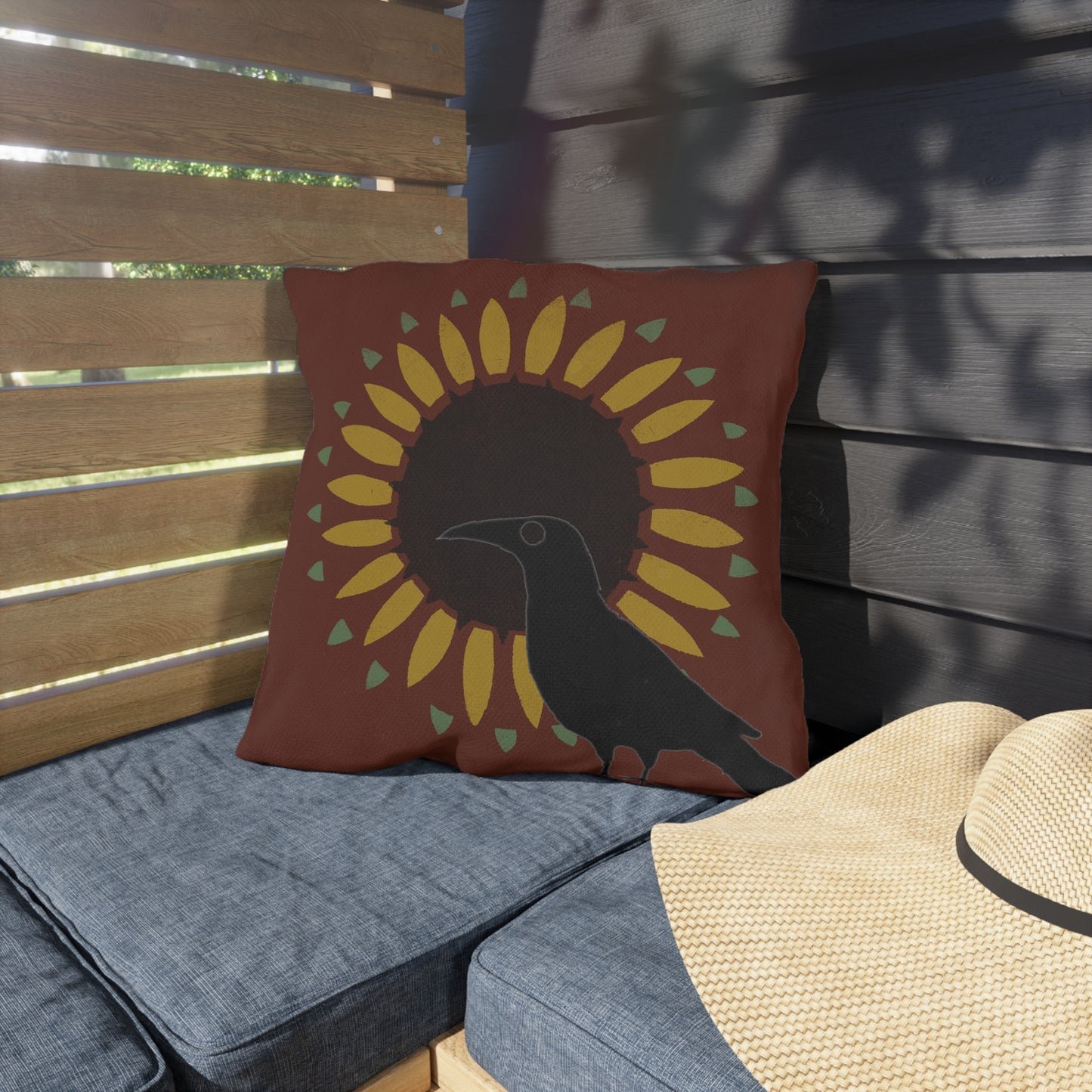 Crow on Sunflower Stencil on Red Outdoor Pillows