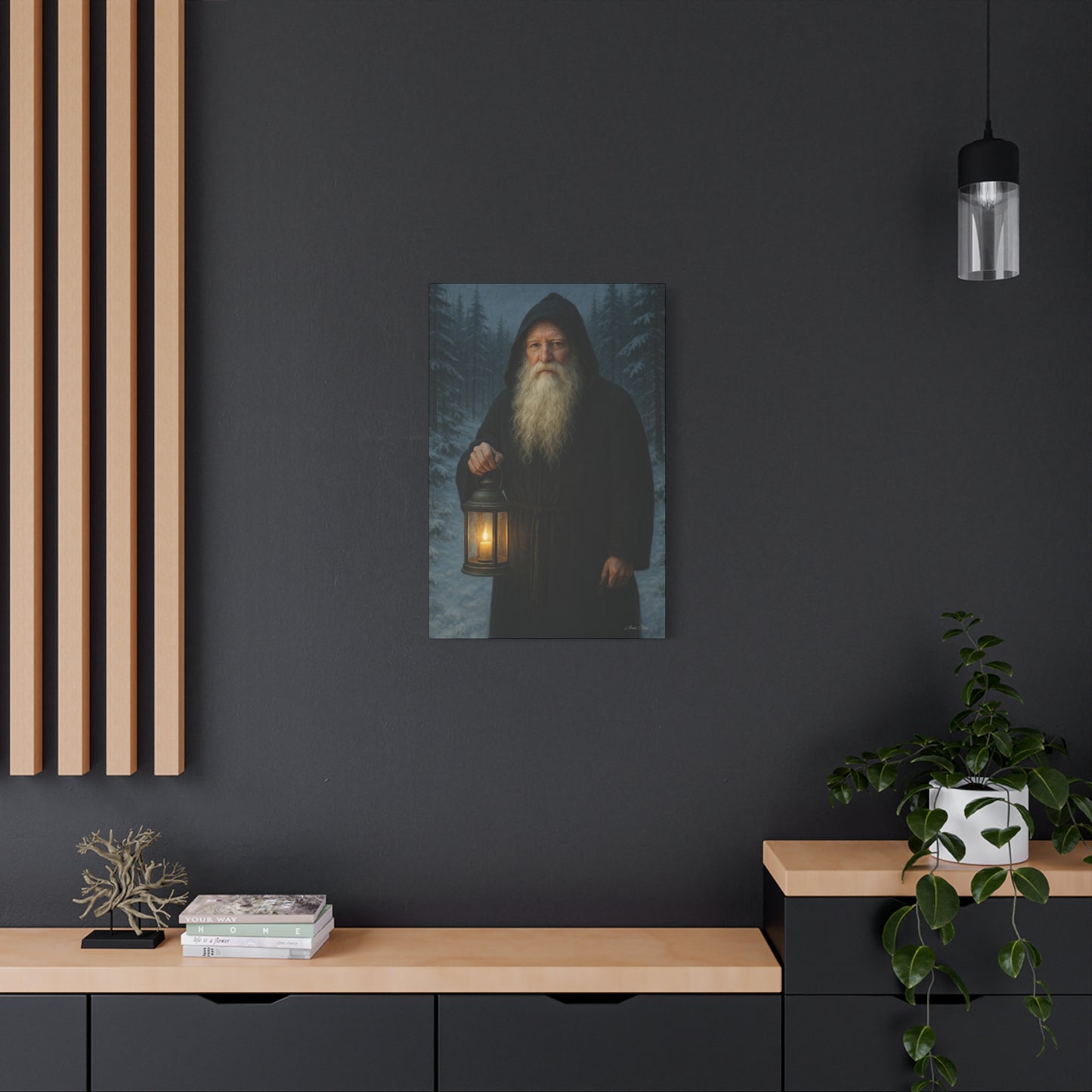 Old World Santa with Lantern Canvas Print, Wall Art, Home Decor, Cabin Vibes, Gift for Him, Rustic Wall Decor, Nature Lover's Gift