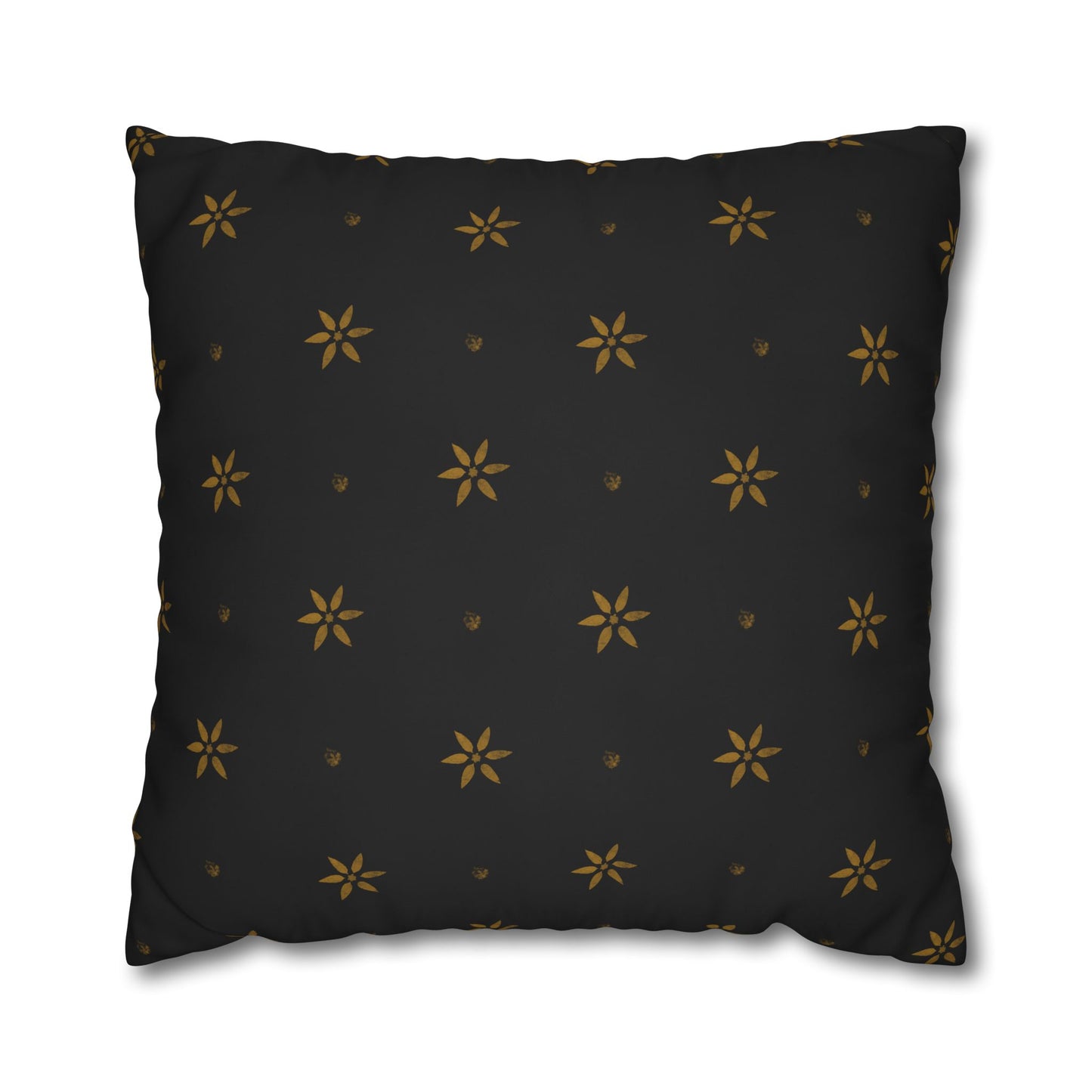 Stencilled Mustard Petals on Black Square Poly Canvas Pillowcase