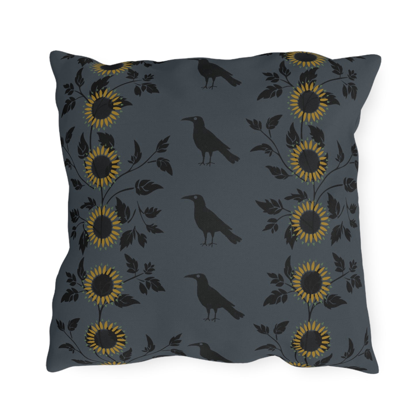 Sunflowers and Crows on Blue Outdoor Pillows