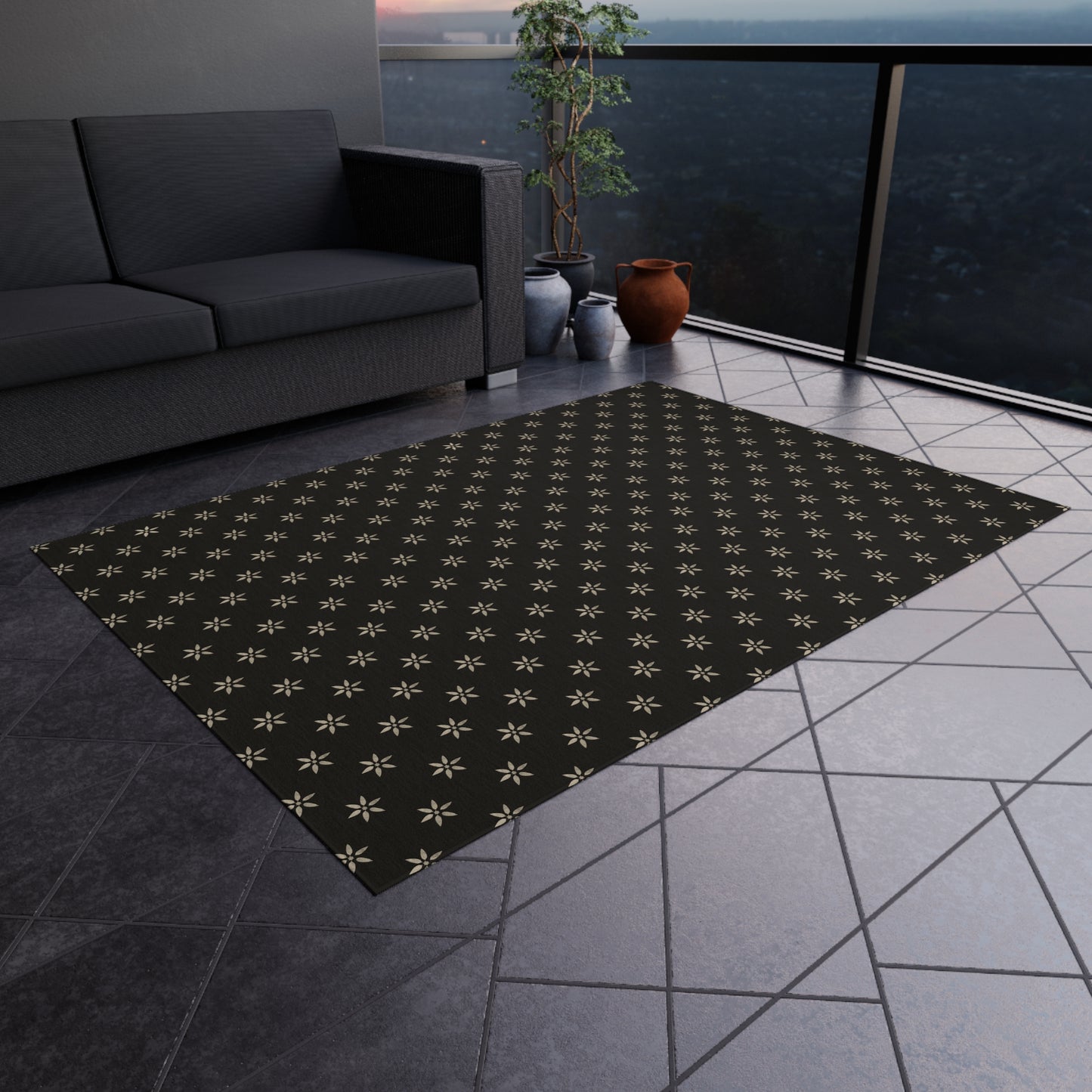 Cream Stencil Flowers on Black Outdoor Rug