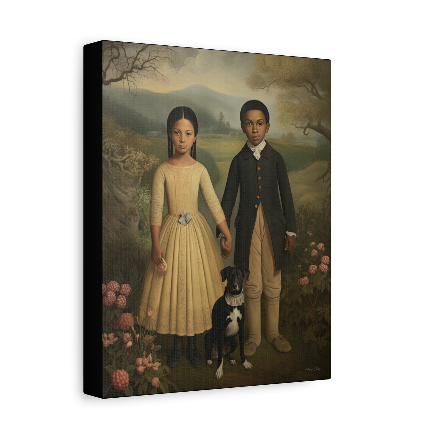 The Twins: Artistic Stretched Canvas Print - Vintage Children and Dog Portrait