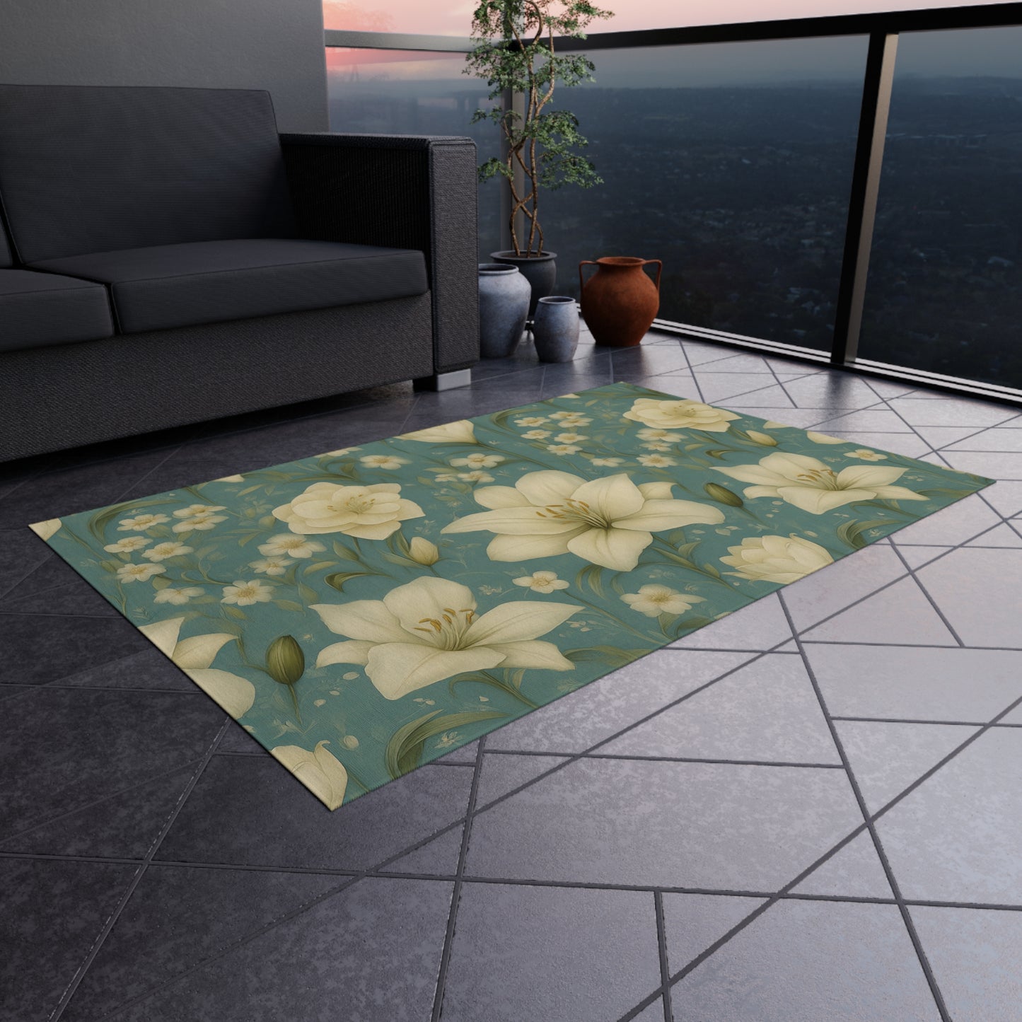 Floral Outdoor Rug for Patios, Boho Garden Mat, Elegant Floor Covering, Spring Decor, Cozy Outdoor Living
