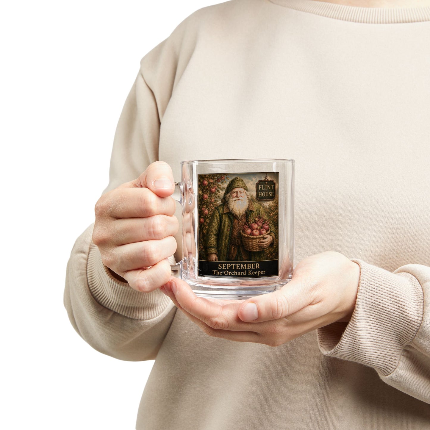 September Orchard Keeper Glass Mug — 10oz Vintage Harvest Apple Farmer Design