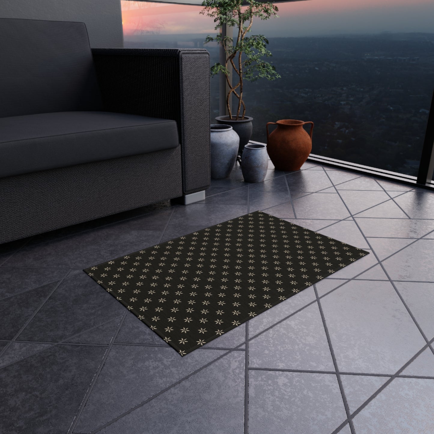 Cream Stencil Flowers on Black Outdoor Rug