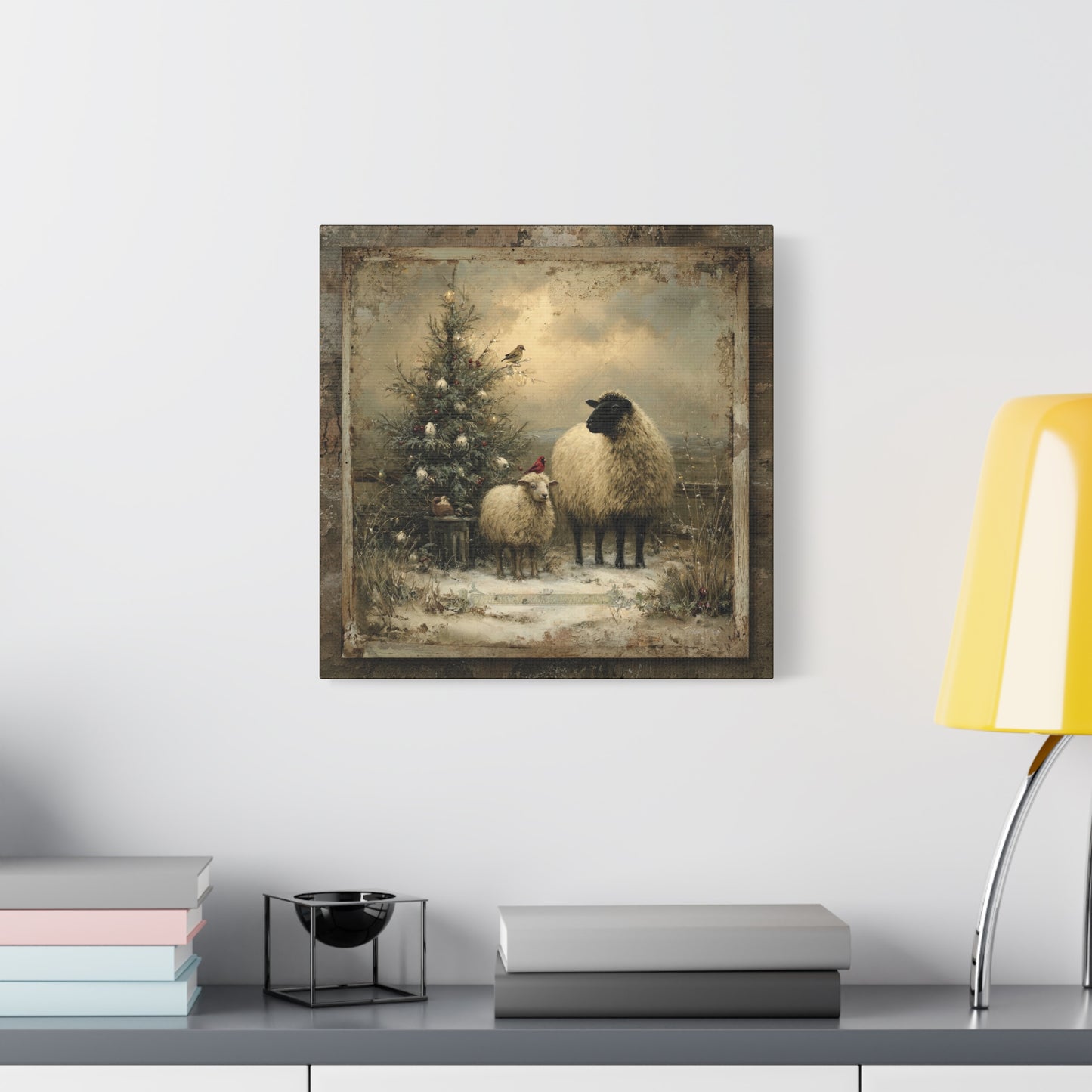 Rustic Sheep Art Canvas Print, Farmhouse Decor, Holiday Wall Art, Cozy Home Vibe, Christmas Sheep Painting, Farmhouse Wall Art
