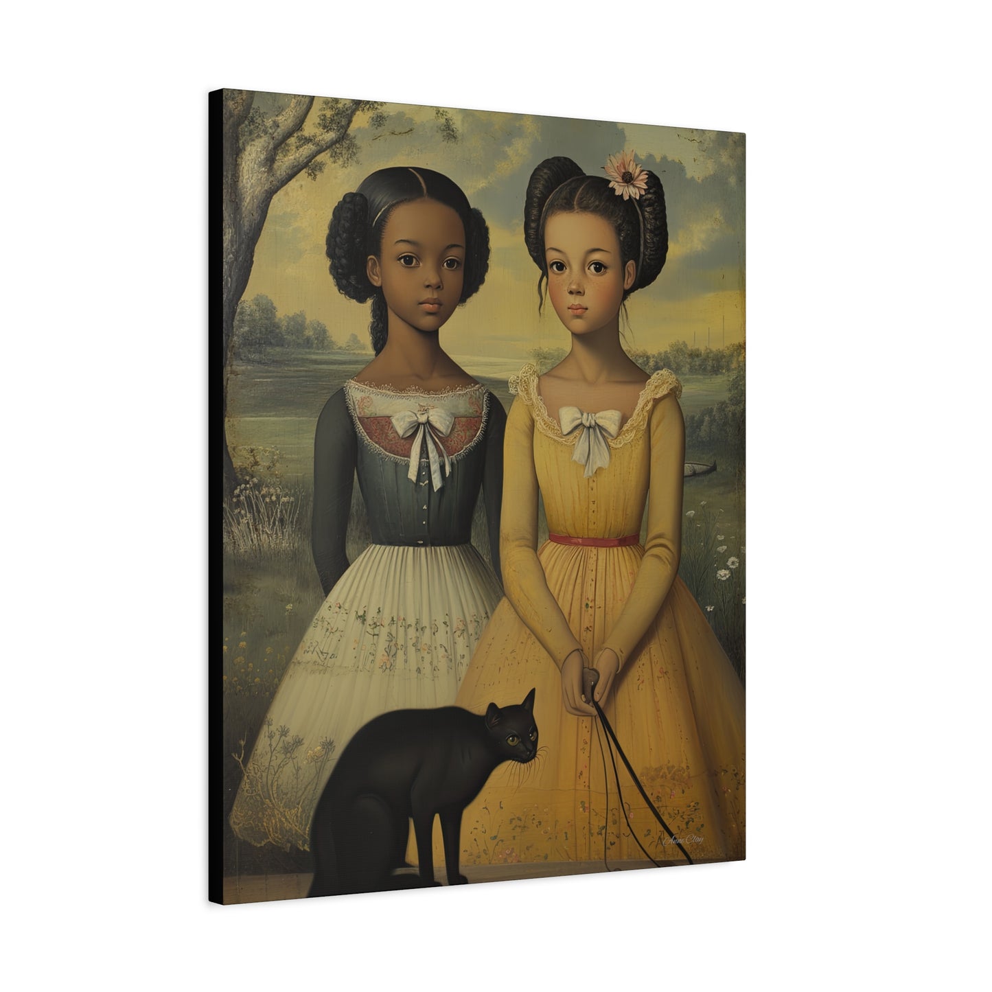 Canvas Wall Art, Timeless Sisters and Black Cat Portrait, Home Decor, Art Gift for Her, Vintage-Inspired Decoration
