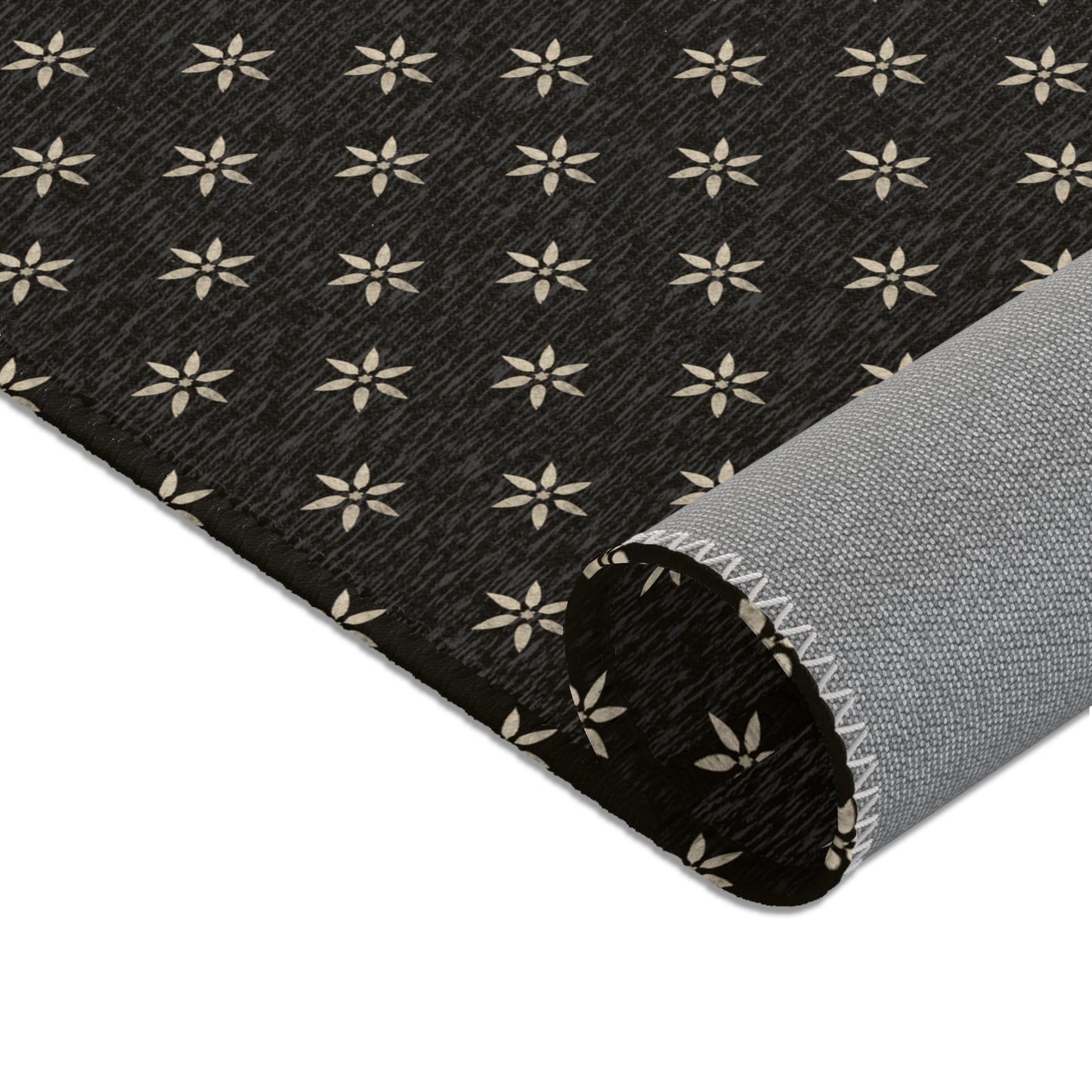 Cream Petal Stencil on Black Stylish Floral Area Rug, Boho Home Decor, Modern Living Room Accent, Vintage Area Mat,