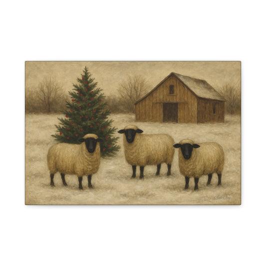 Christmas Sheep Canvas Wall Art, Holiday Decor, Farmhouse Style, Rustic Artwork, Winter Home Decoration