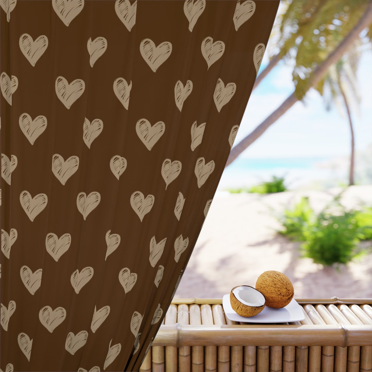 Cream Hearts Stencil on Chocolate Window Curtains (1 Piece)