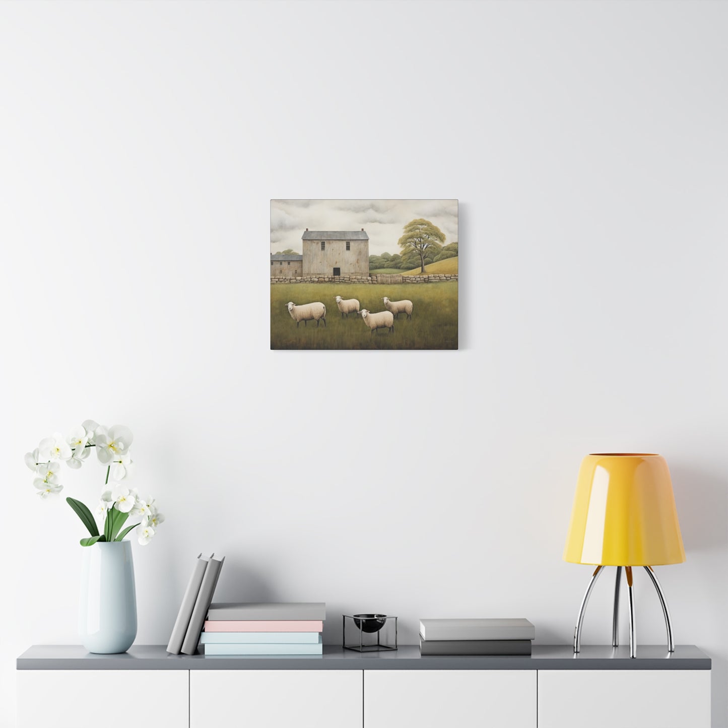 Rustic Farmhouse Canvas Wall Art with Sheep Landscape