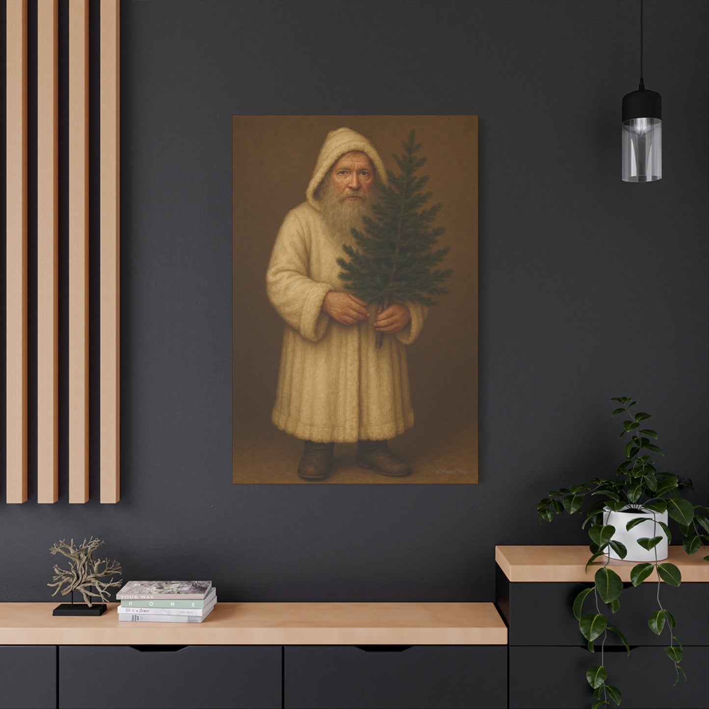 Holiday Canvas Art Print - Cozy Santa with Christmas Tree