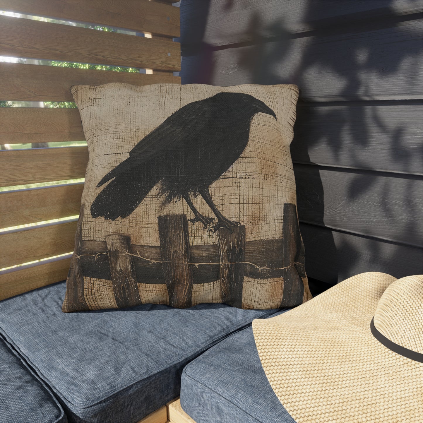 Black Crow on a Fence Outdoor Pillows