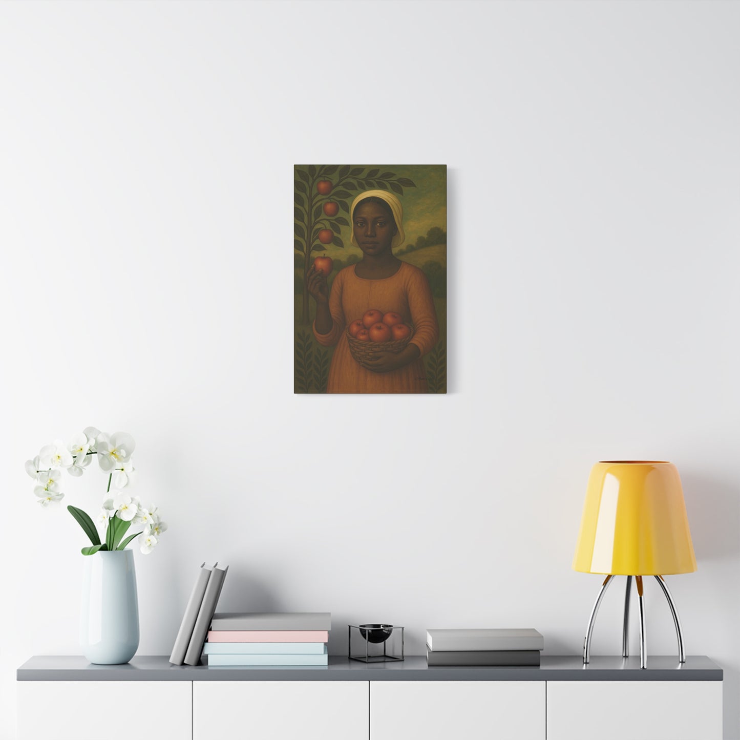 Autumn Harvest Primitive Folk Portrait of a Woman with Apples