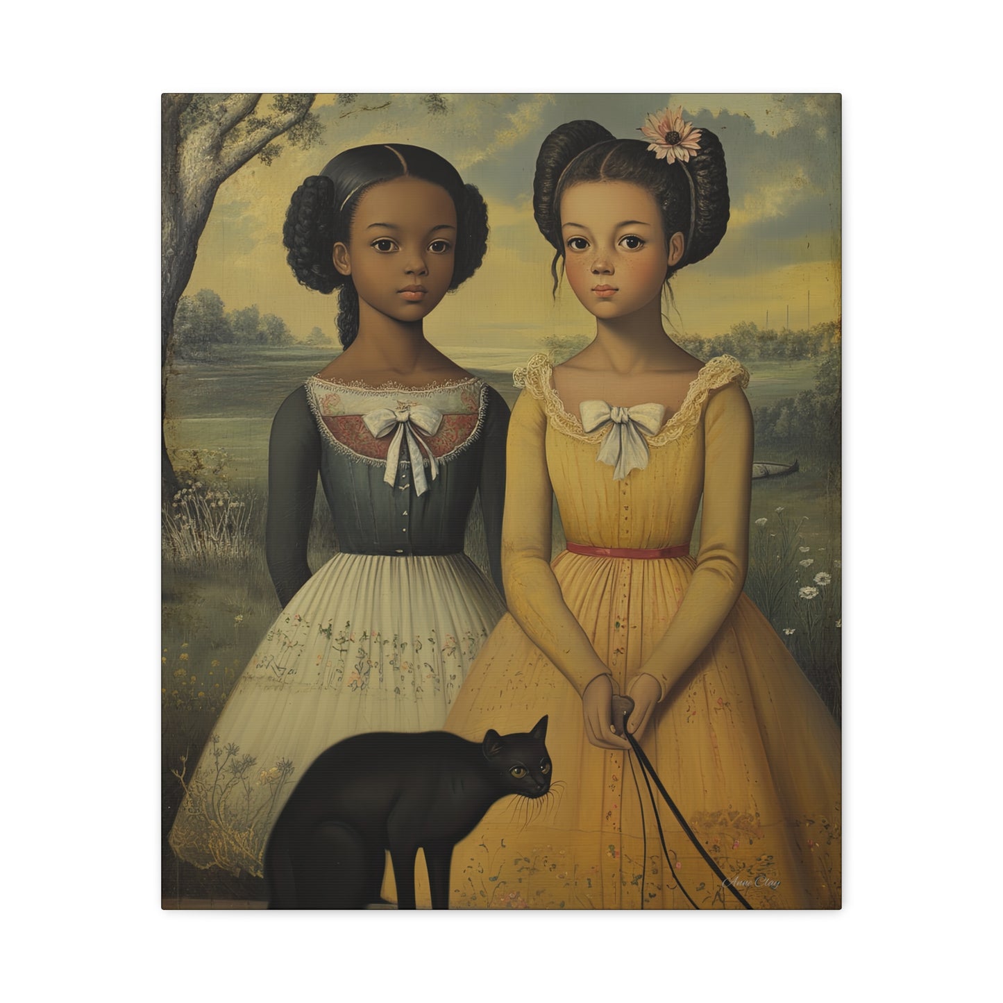 Canvas Wall Art, Timeless Sisters and Black Cat Portrait, Home Decor, Art Gift for Her, Vintage-Inspired Decoration