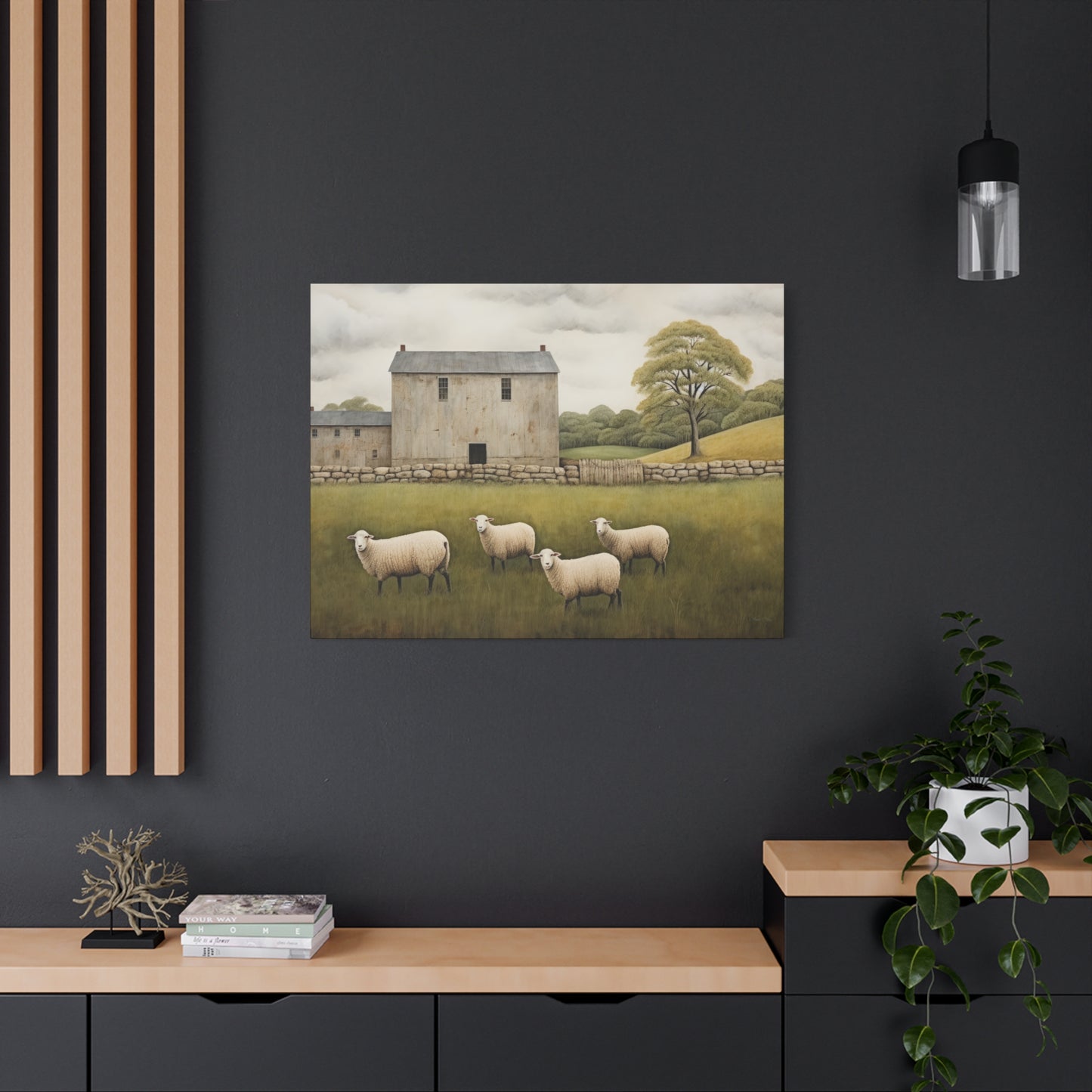 Rustic Farmhouse Canvas Wall Art with Sheep Landscape