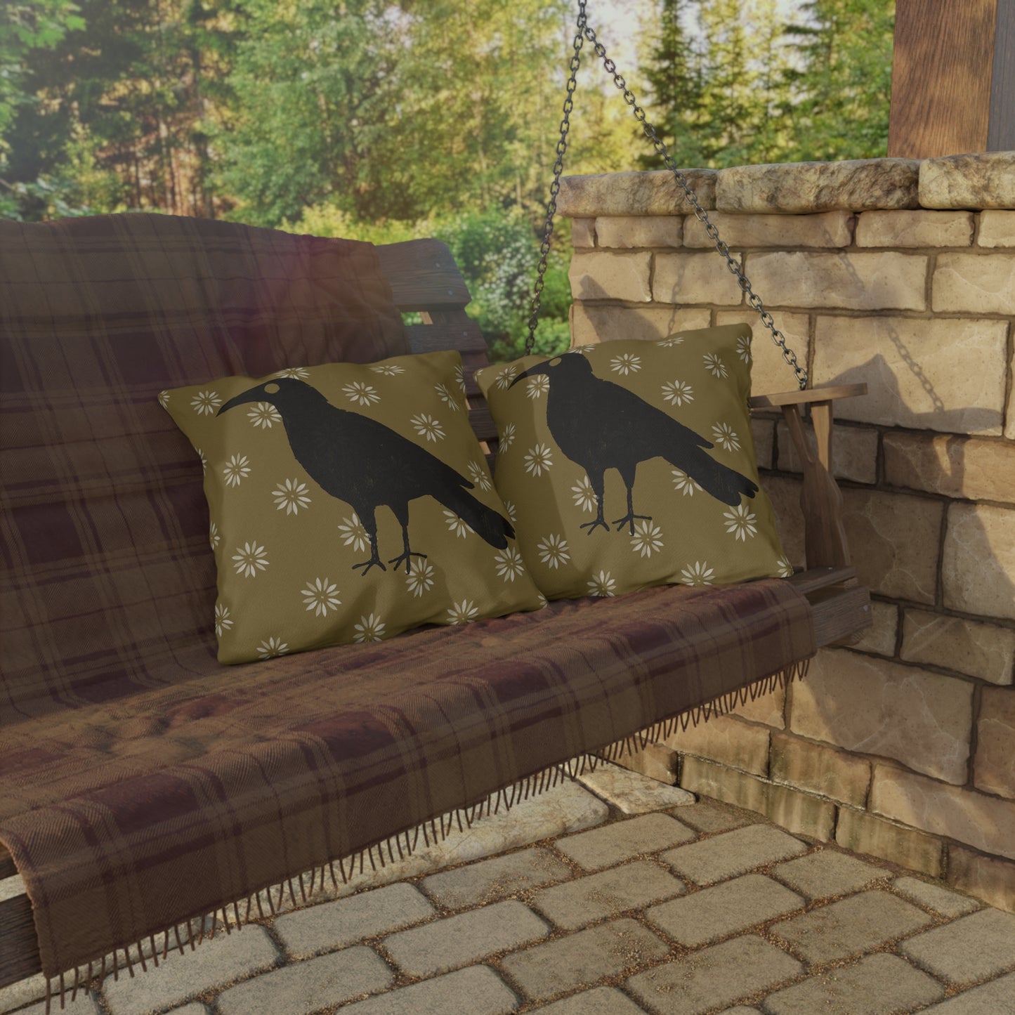 Crow on Petal Stencil Outdoor Pillows