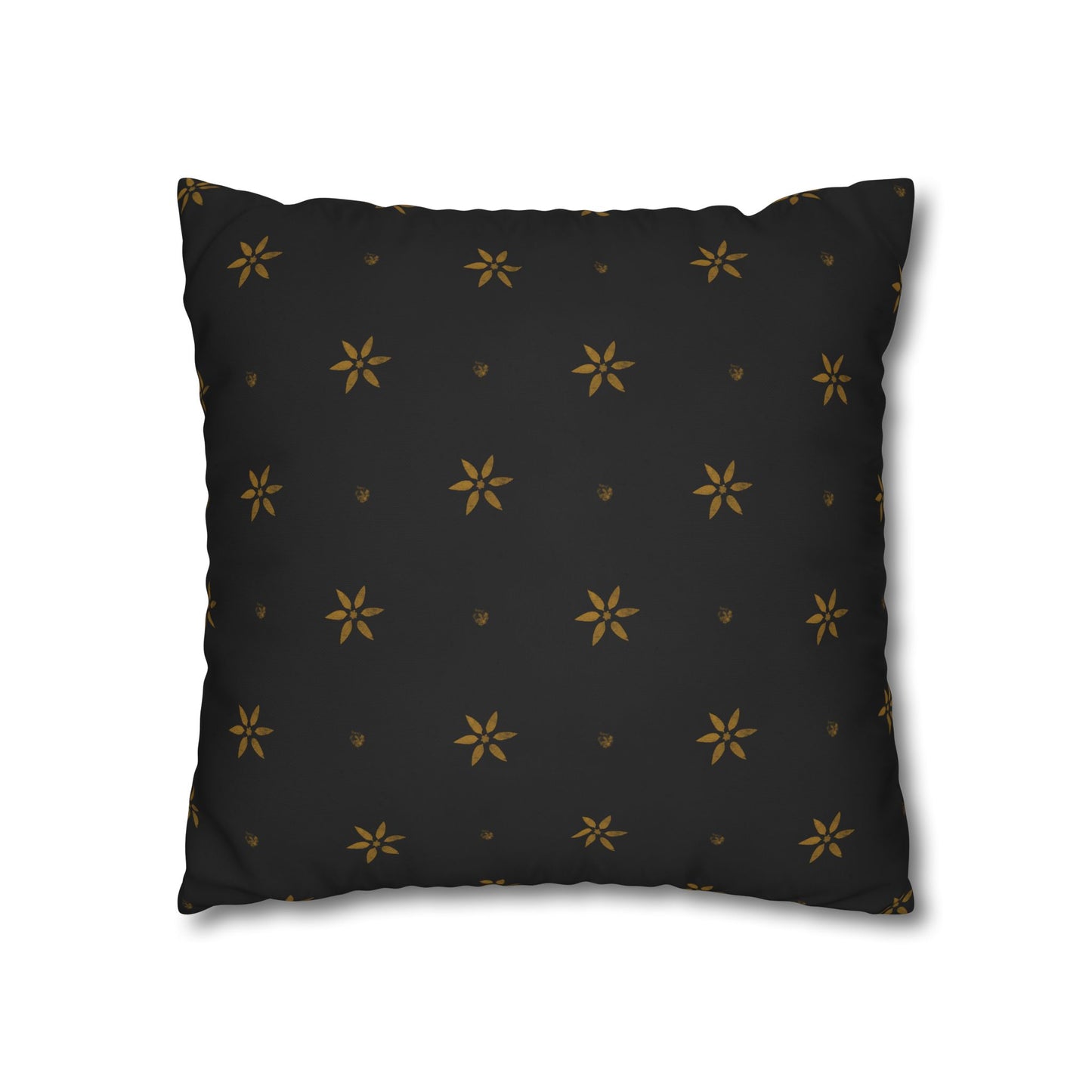 Stencilled Mustard Petals on Black Square Poly Canvas Pillowcase