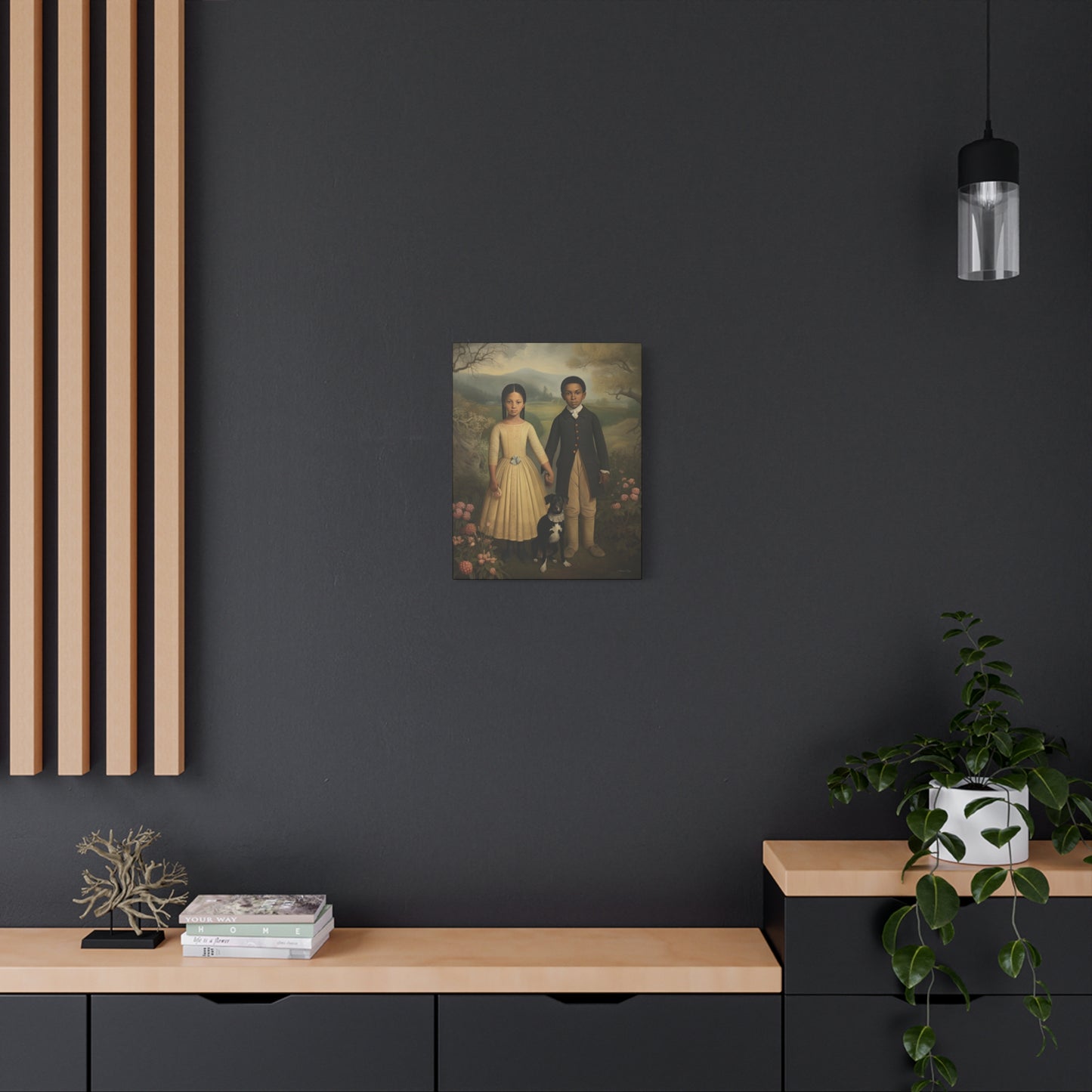 The Twins: Artistic Stretched Canvas Print - Vintage Children and Dog Portrait