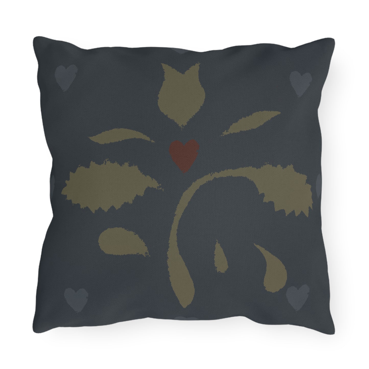 Leaves and Hearts on Blue Early American Stencil Outdoor Pillows