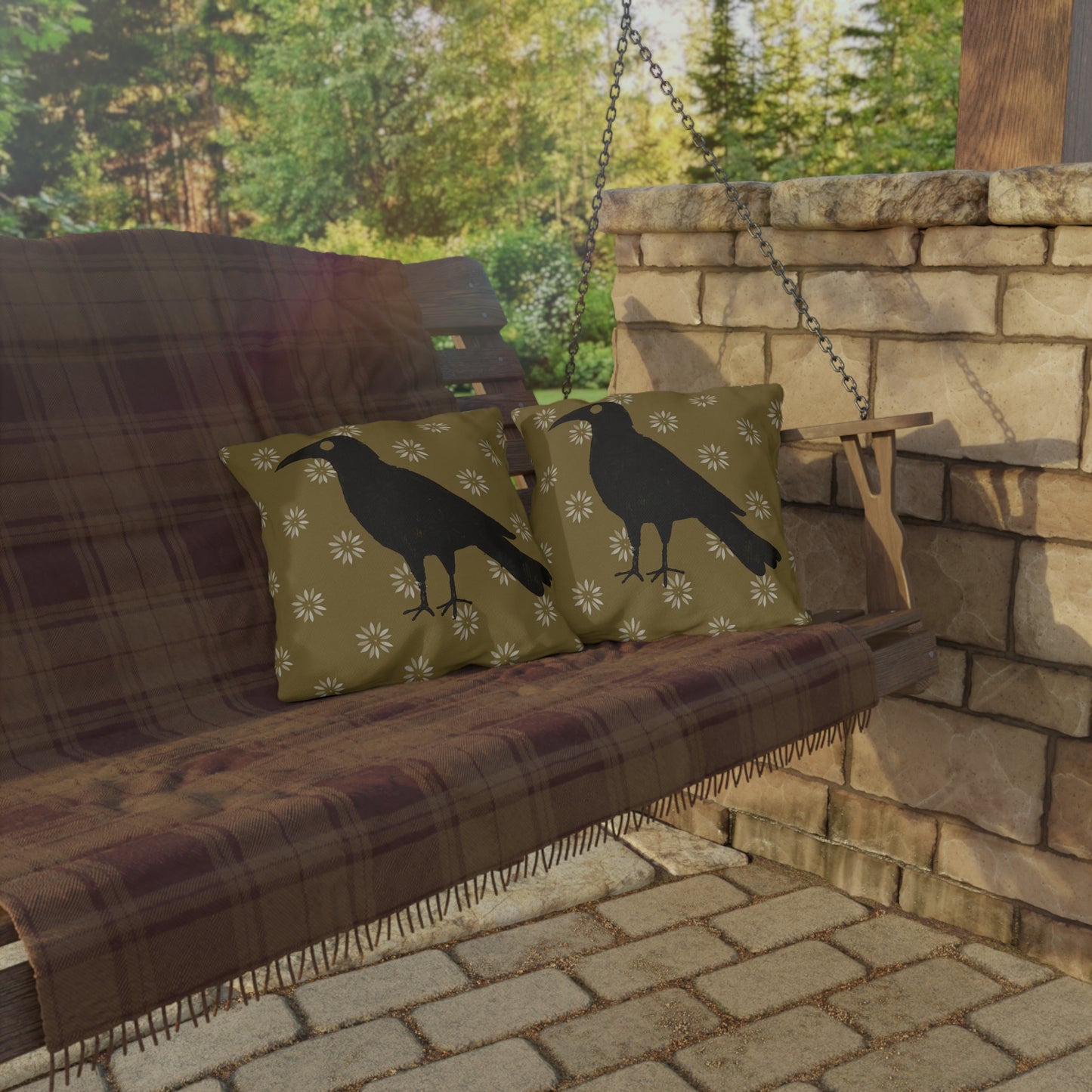 Crow on Petal Stencil Outdoor Pillows