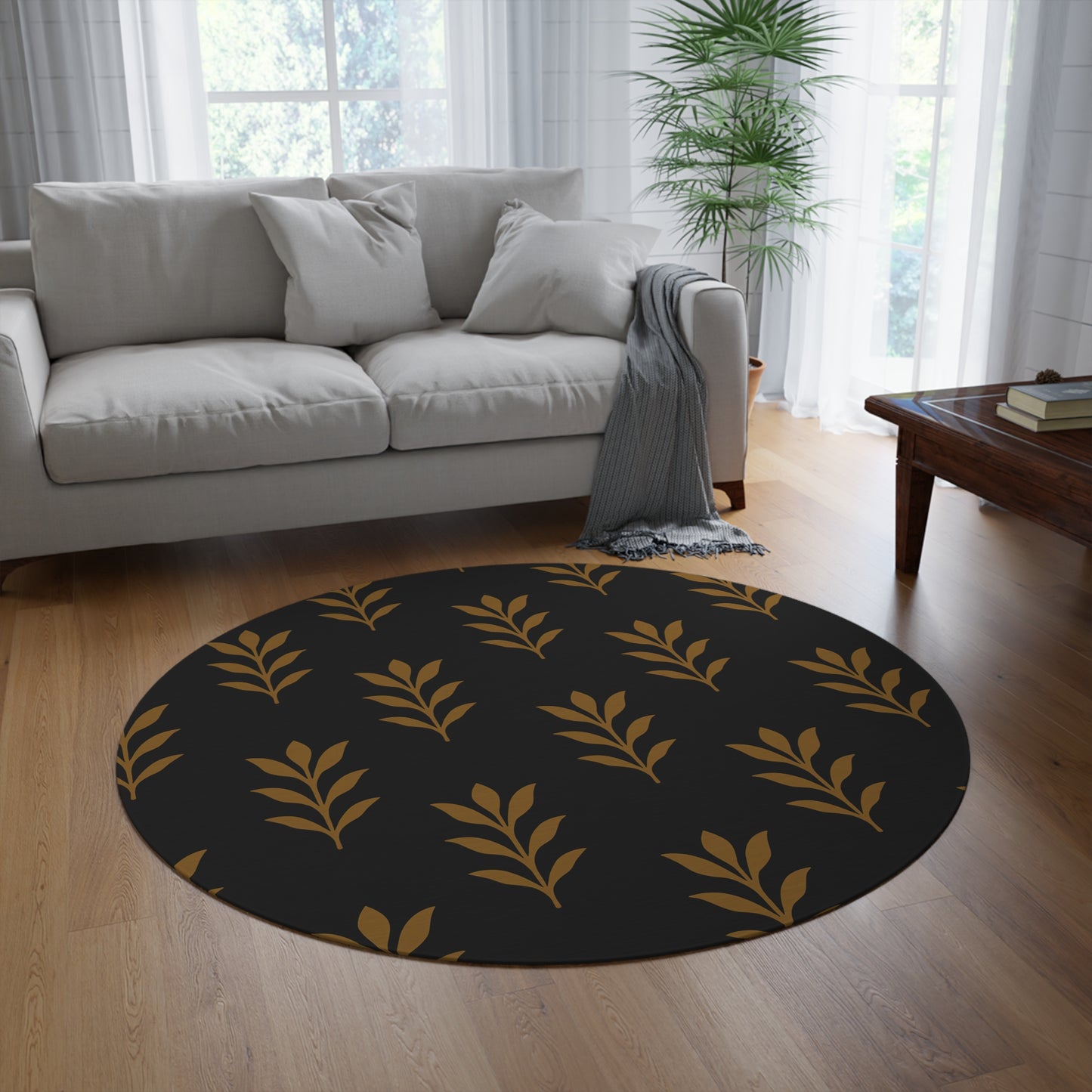 Elegant Leaf Pattern Round Rug | Cozy Home Decor, Modern Living Room Accent, Area Rug, Boho Style, Gifts for Housewarming