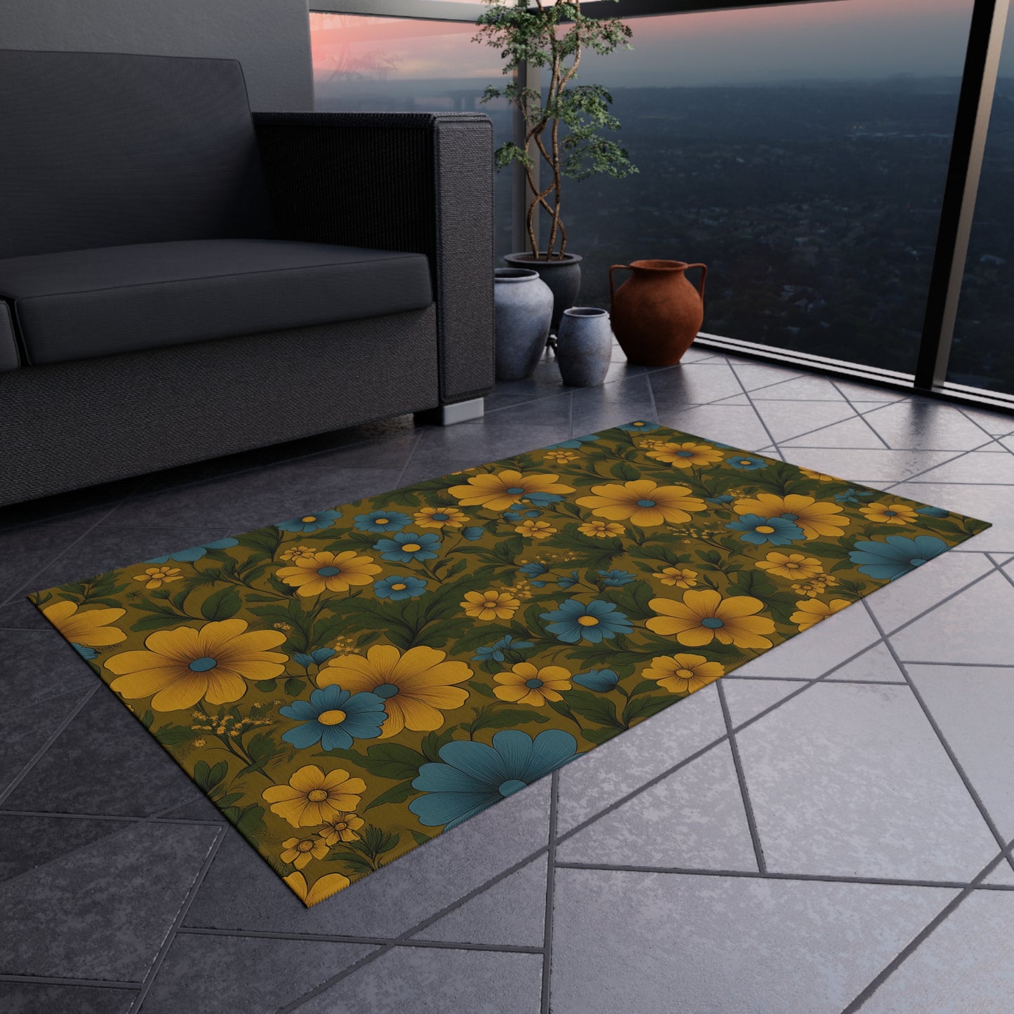 Vibrant Floral Outdoor Rug, Patio Decor, Garden Mat, Boho Style Rug, Home Entrance Decoration