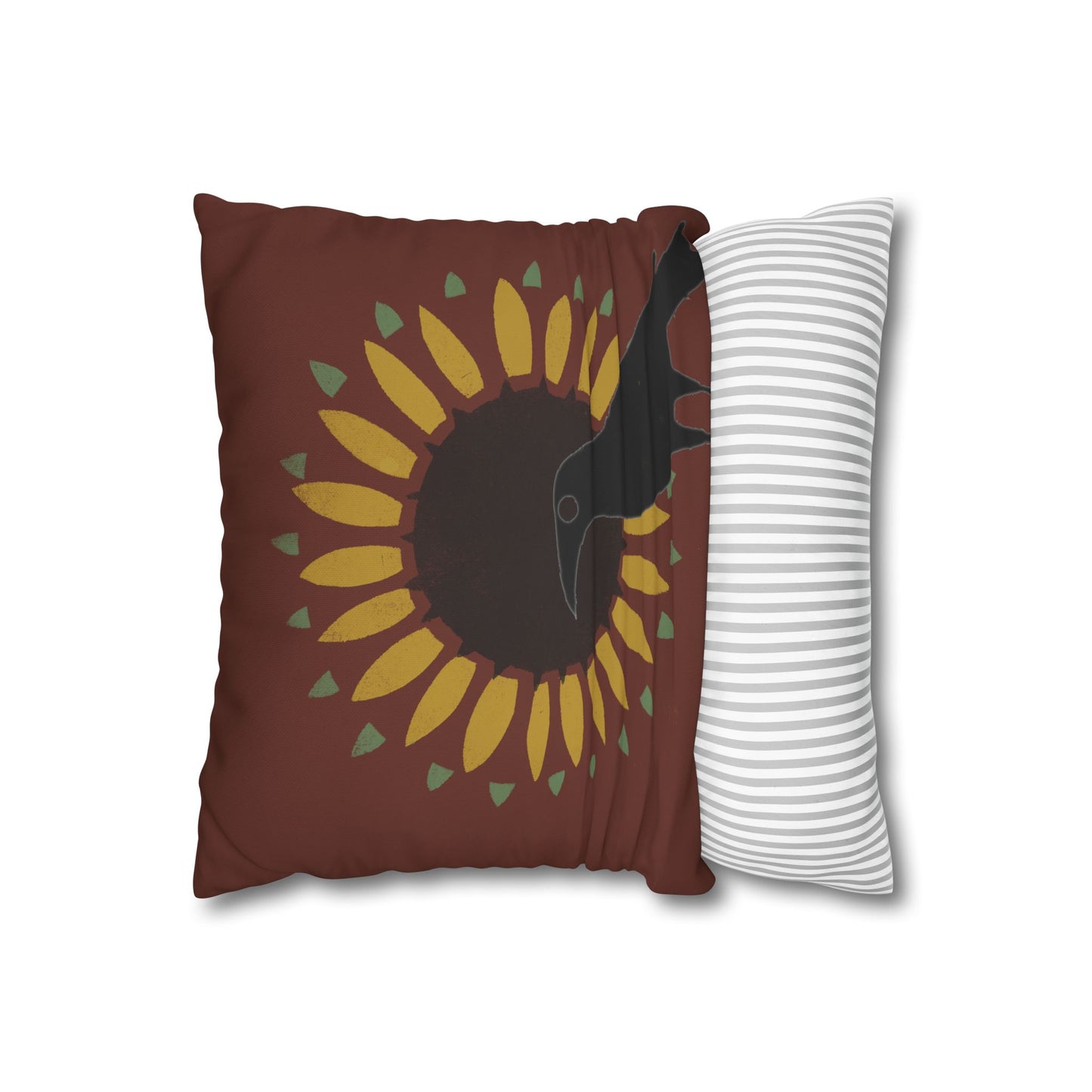 Crow and Sunflower Stencil on Red Square Poly Canvas Pillowcase
