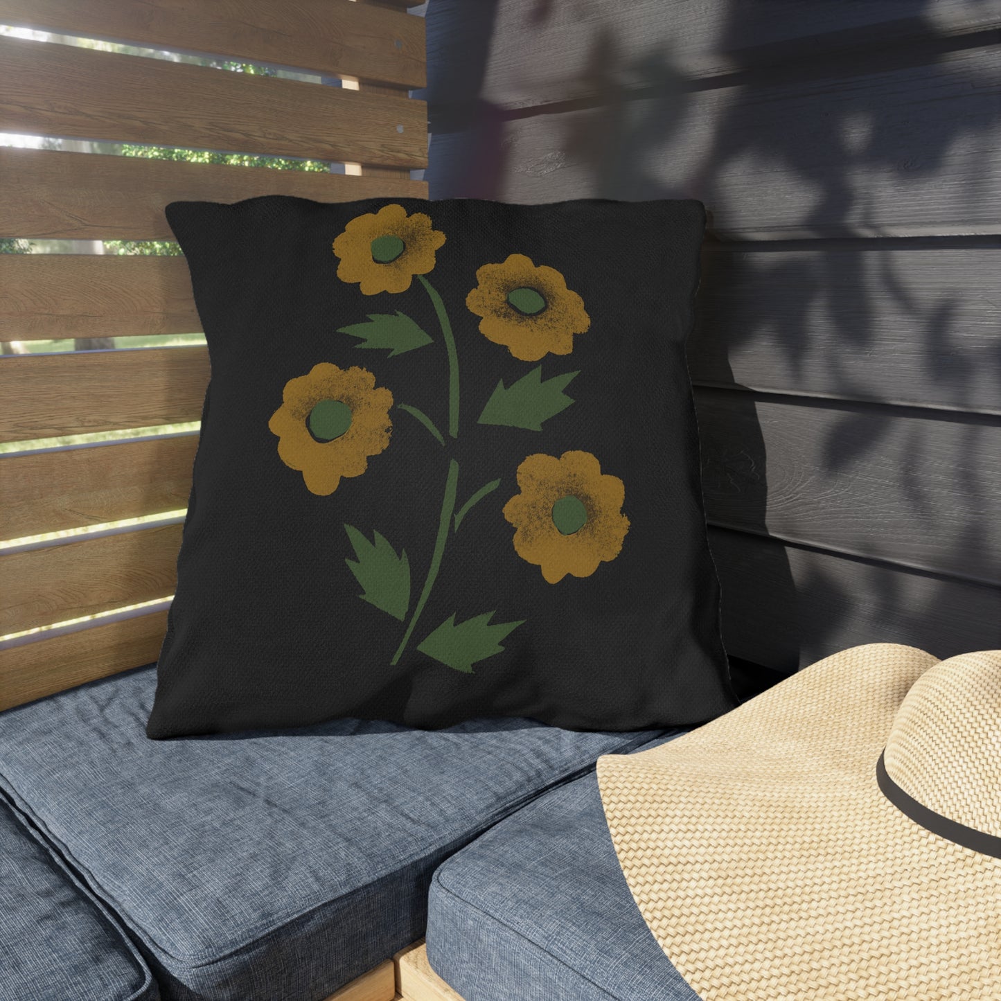 Stencil Flowers on Black Outdoor Pillows